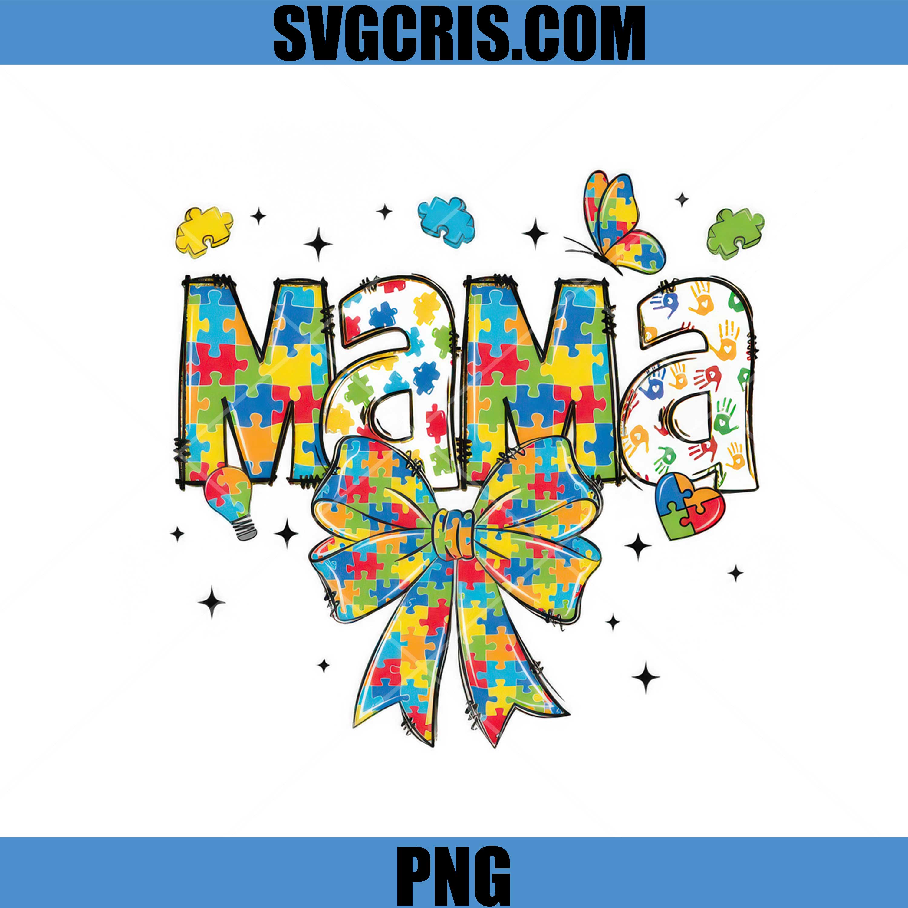 Mama Puzzle Autism Awareness Bow PNG, Colorful Puzzle Mom PNG