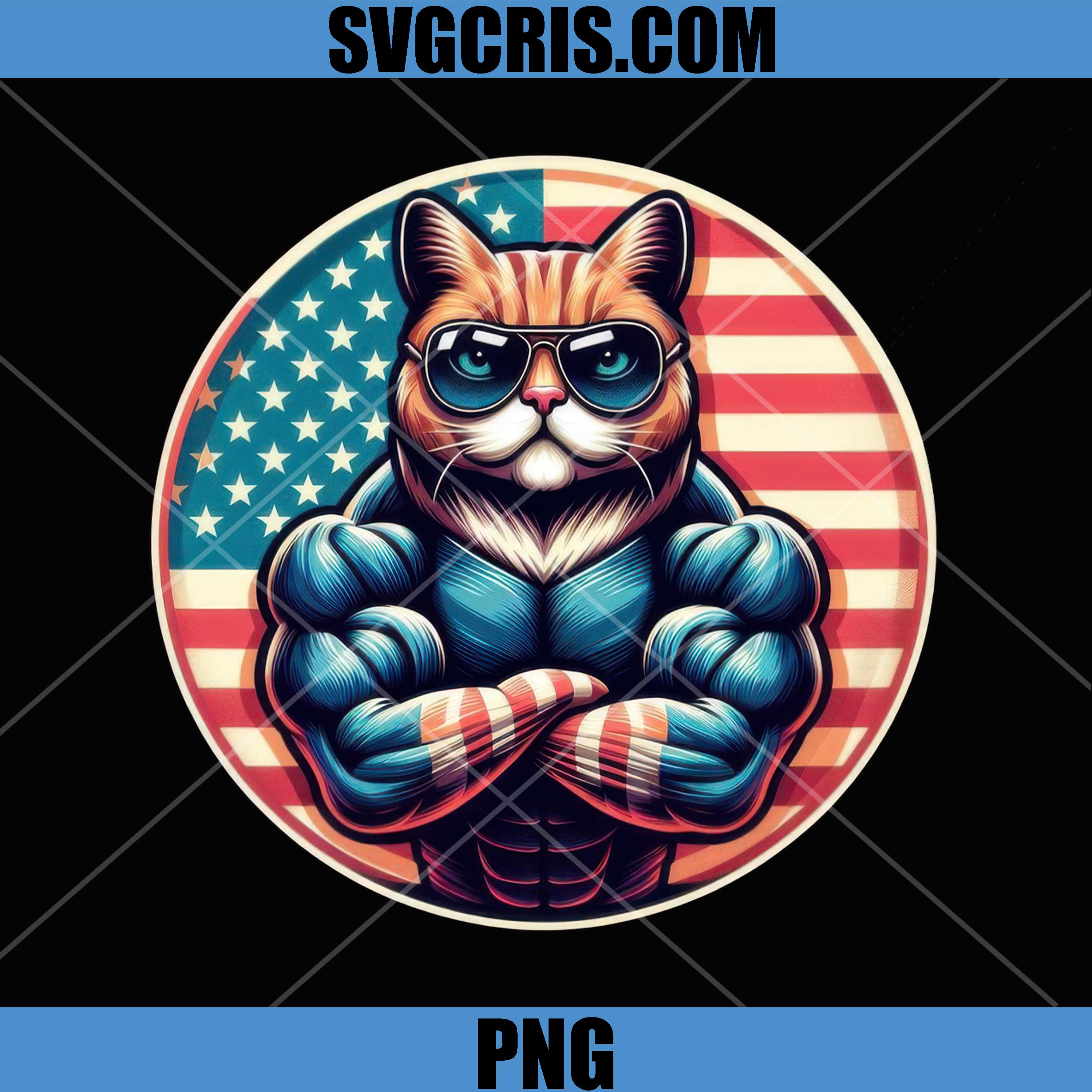 Muscular Cat With USA Flag PNG, Patriotic Strong Cat Art PNG