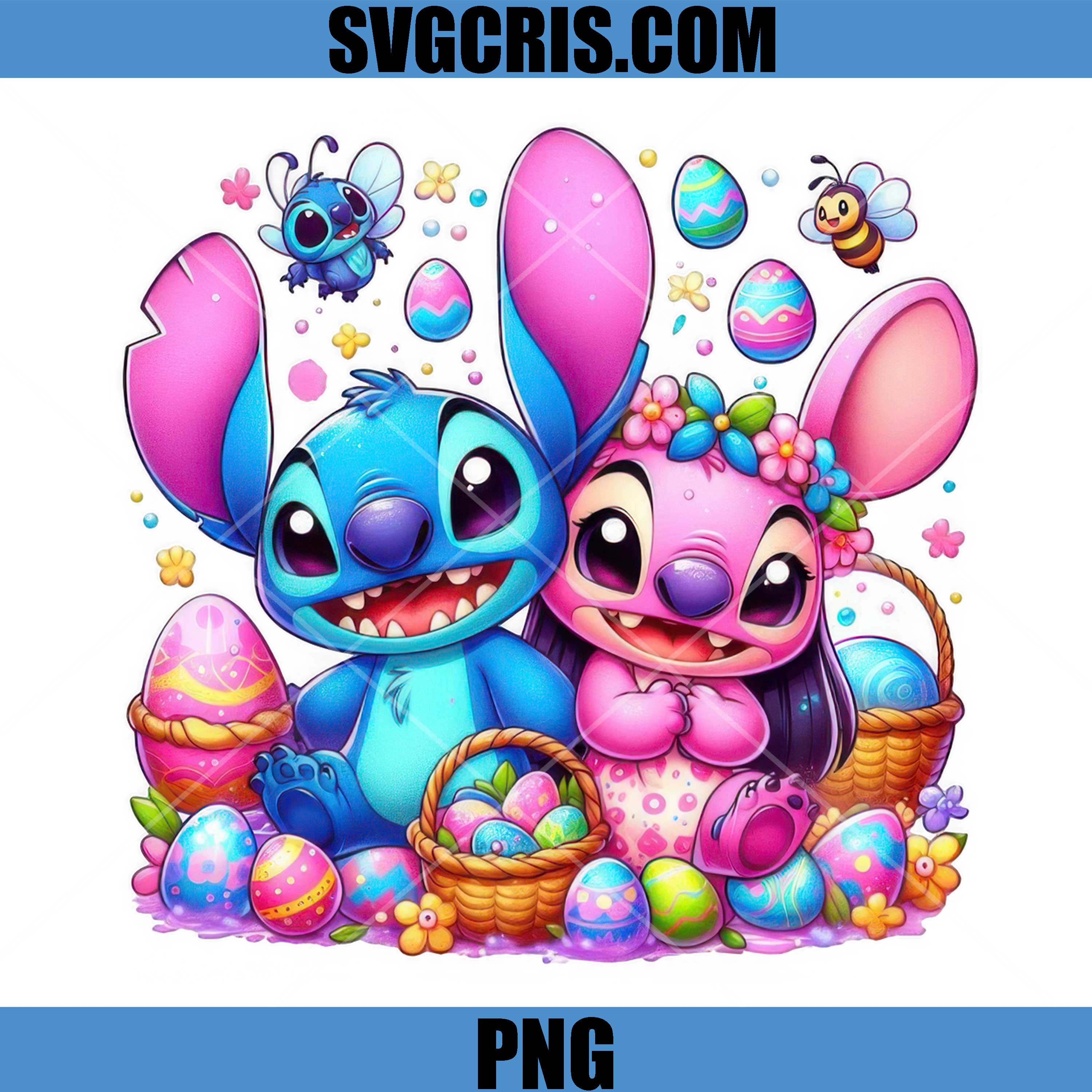 Stitch And Angel Bunny Ears Easter Eggs Basket PNG, Cute Easter Cartoon PNG