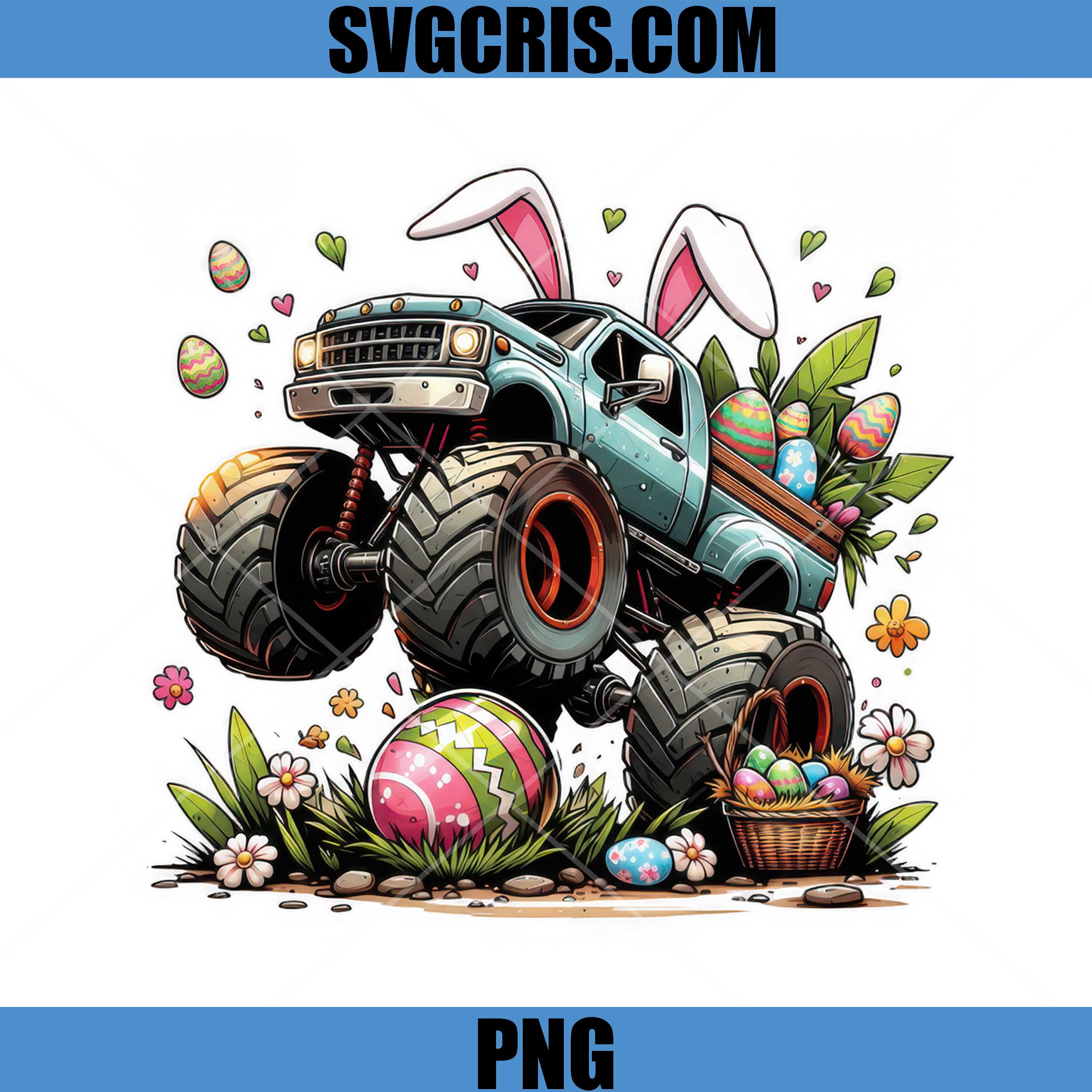 Easter Monster Truck Bunny Ears PNG, Colorful Eggs Spring Design PNG