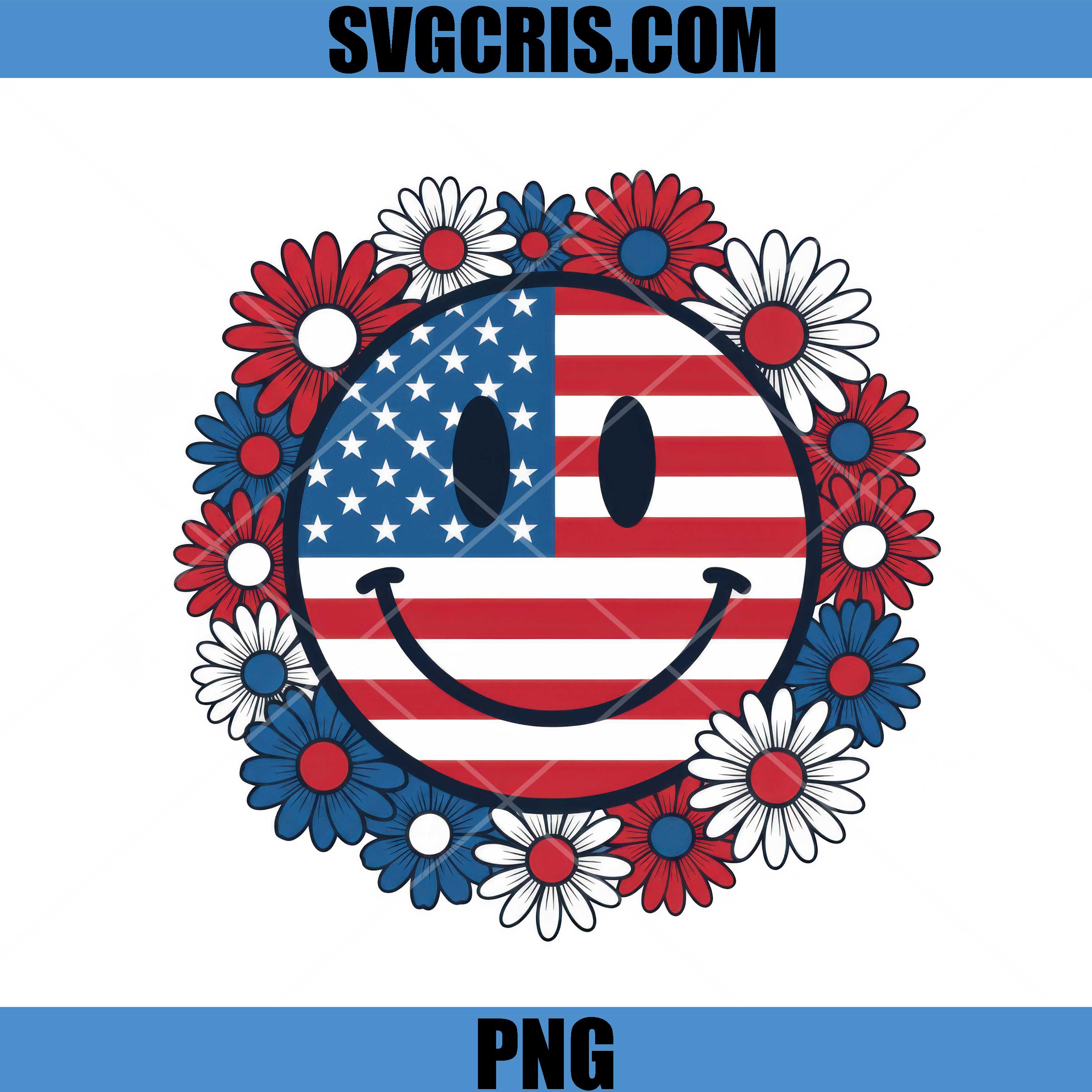 American Flag Smiley Face Flowers PNG, Patriotic Floral Smile PNG