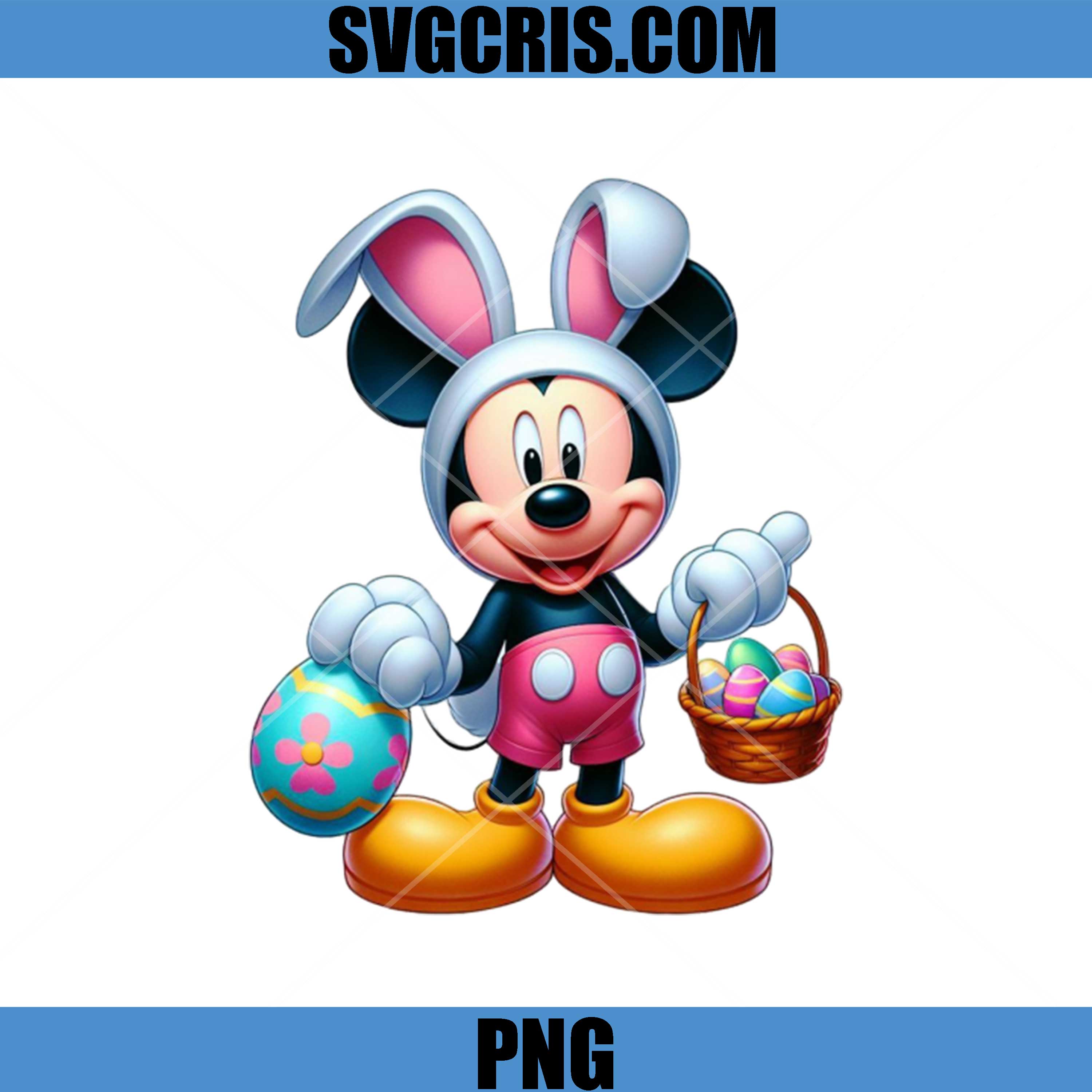 Cute Easter Mouse Mickey PNG, Bunny Ears Mouse Holding Eggs Design PNG