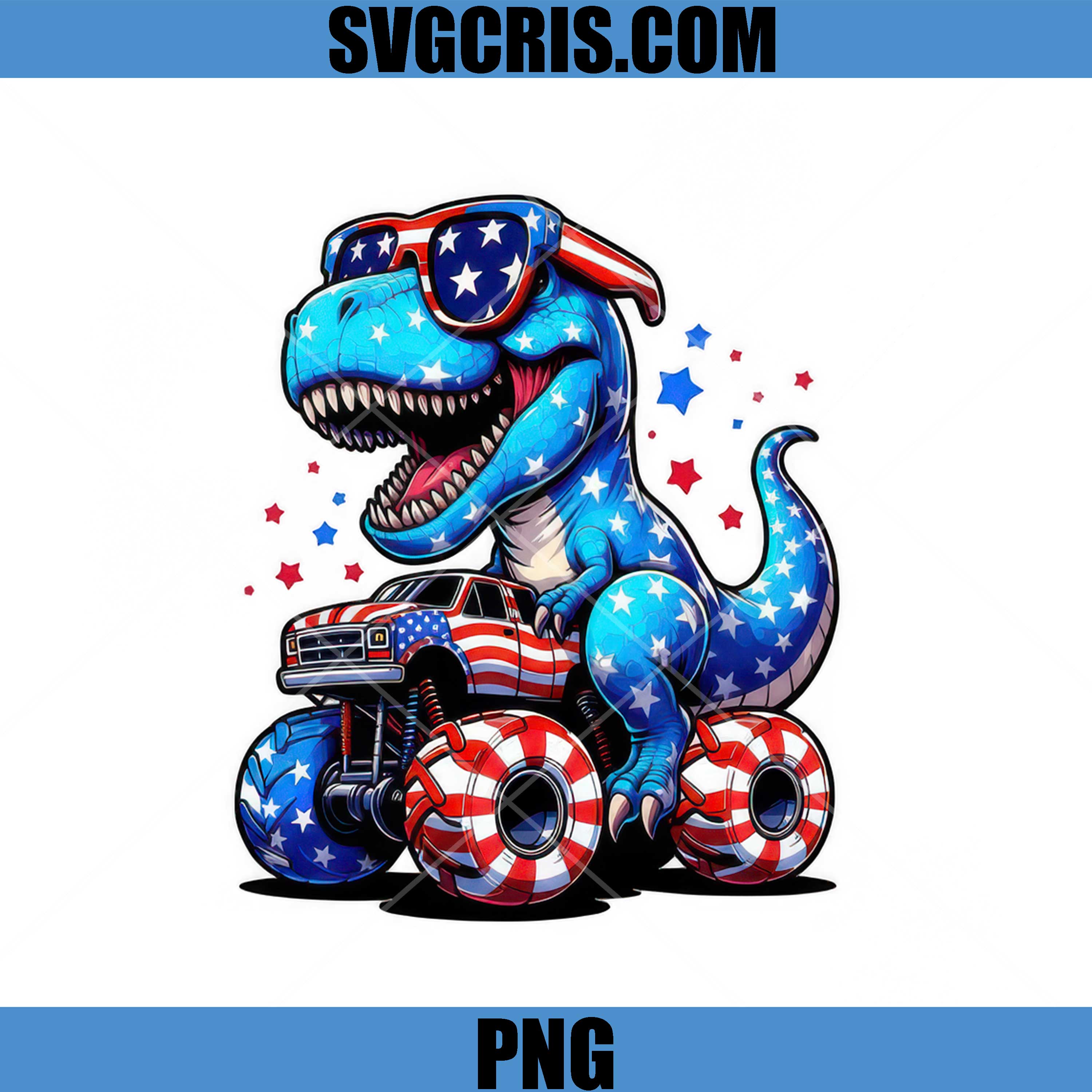 Patriotic T Rex Monster Truck PNG, USA Flag Dinosaur 4th July PNG