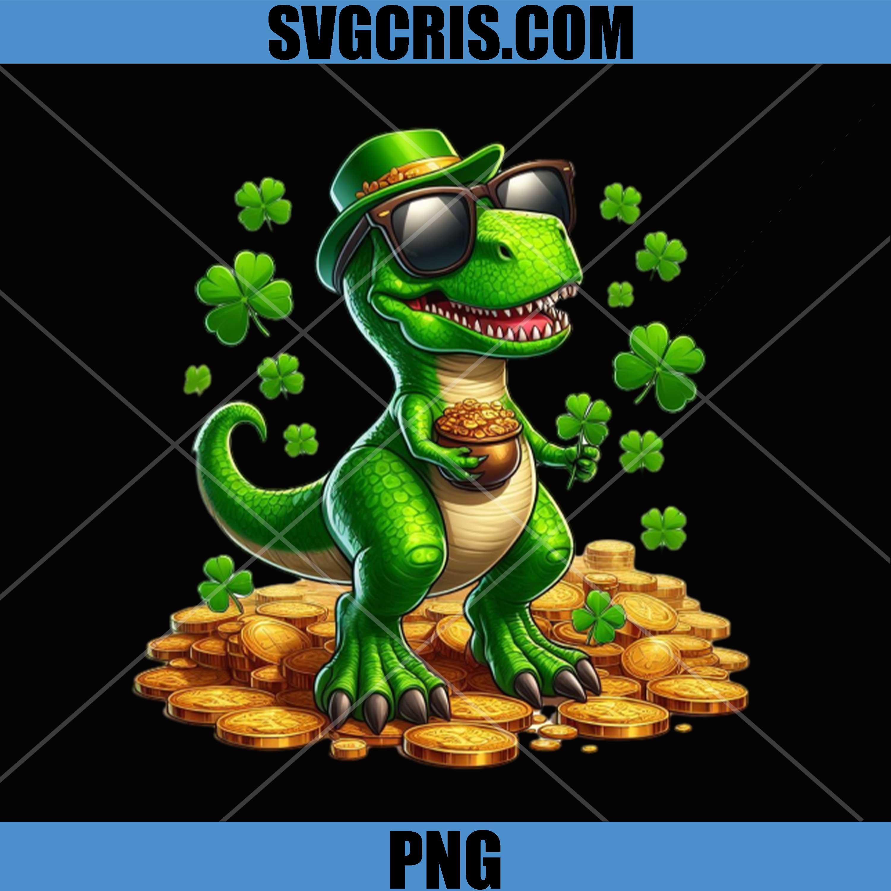 St Patricks Day T Rex Dinosaur With Gold Coins PNG, Lucky Dino Clover PNG