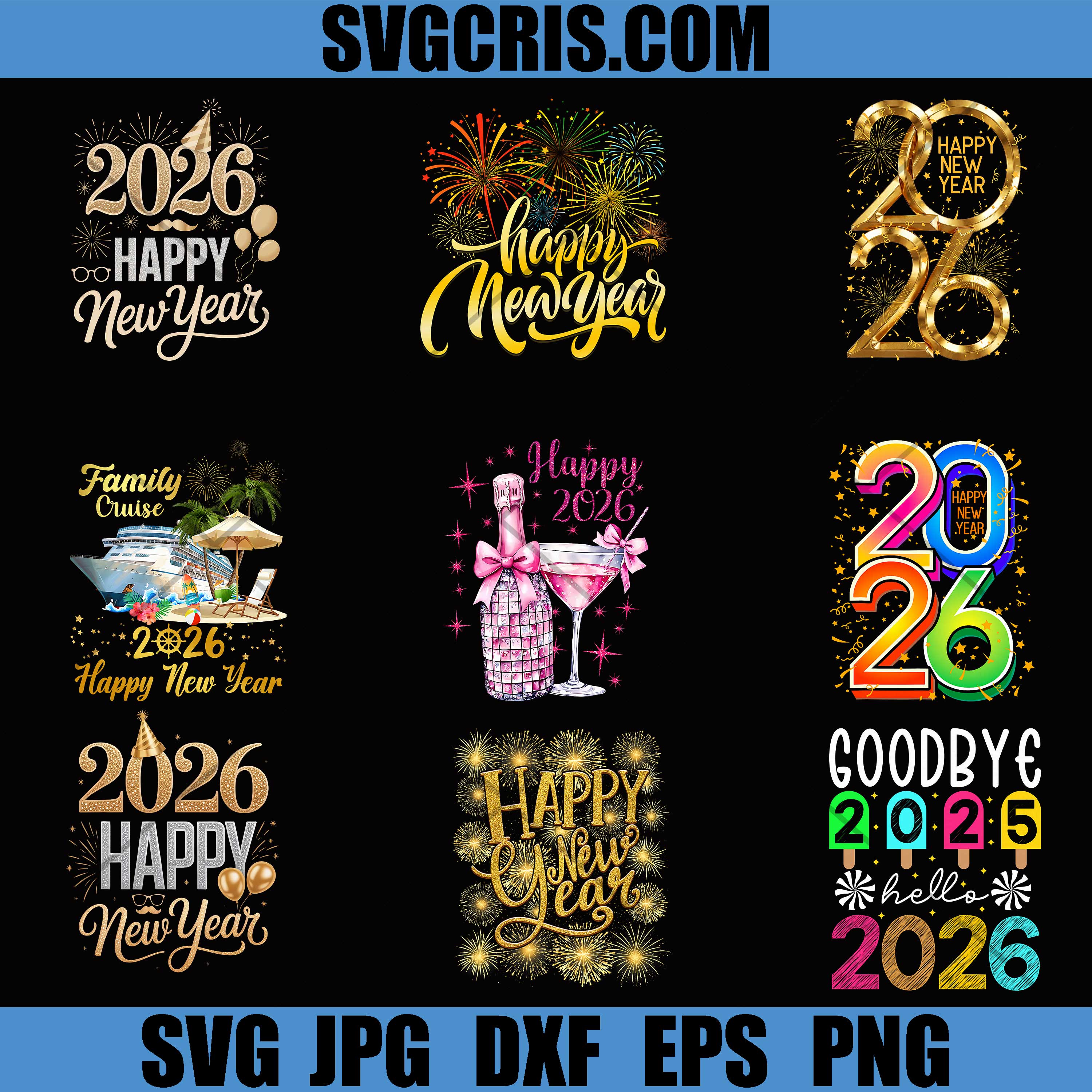Happy New Year 2026 Fireworks PNG Bundle, Gold Celebration Party Design PNG