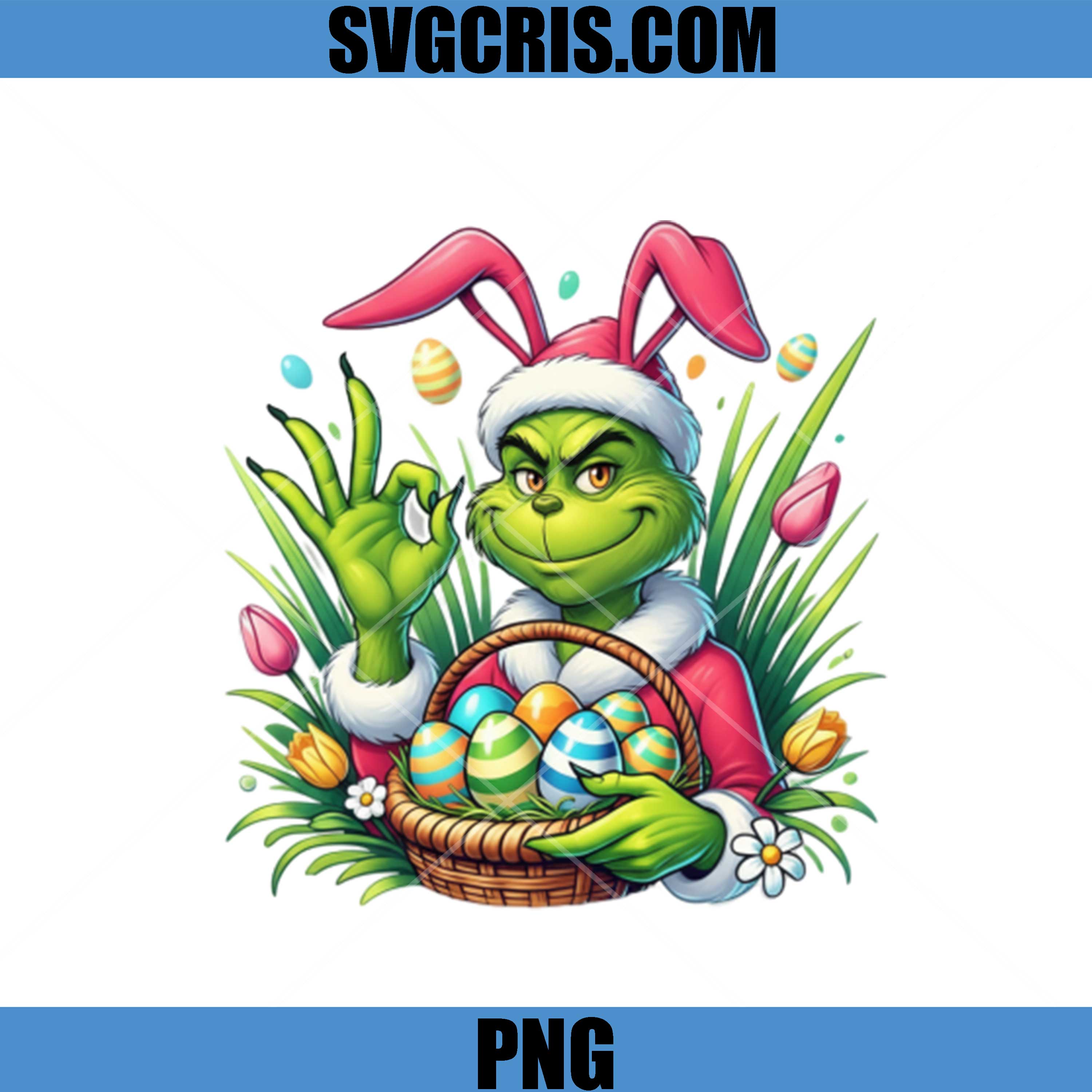 Funny Grinch Easter Bunny PNG, Cartoon Green Character With Eggs PNG