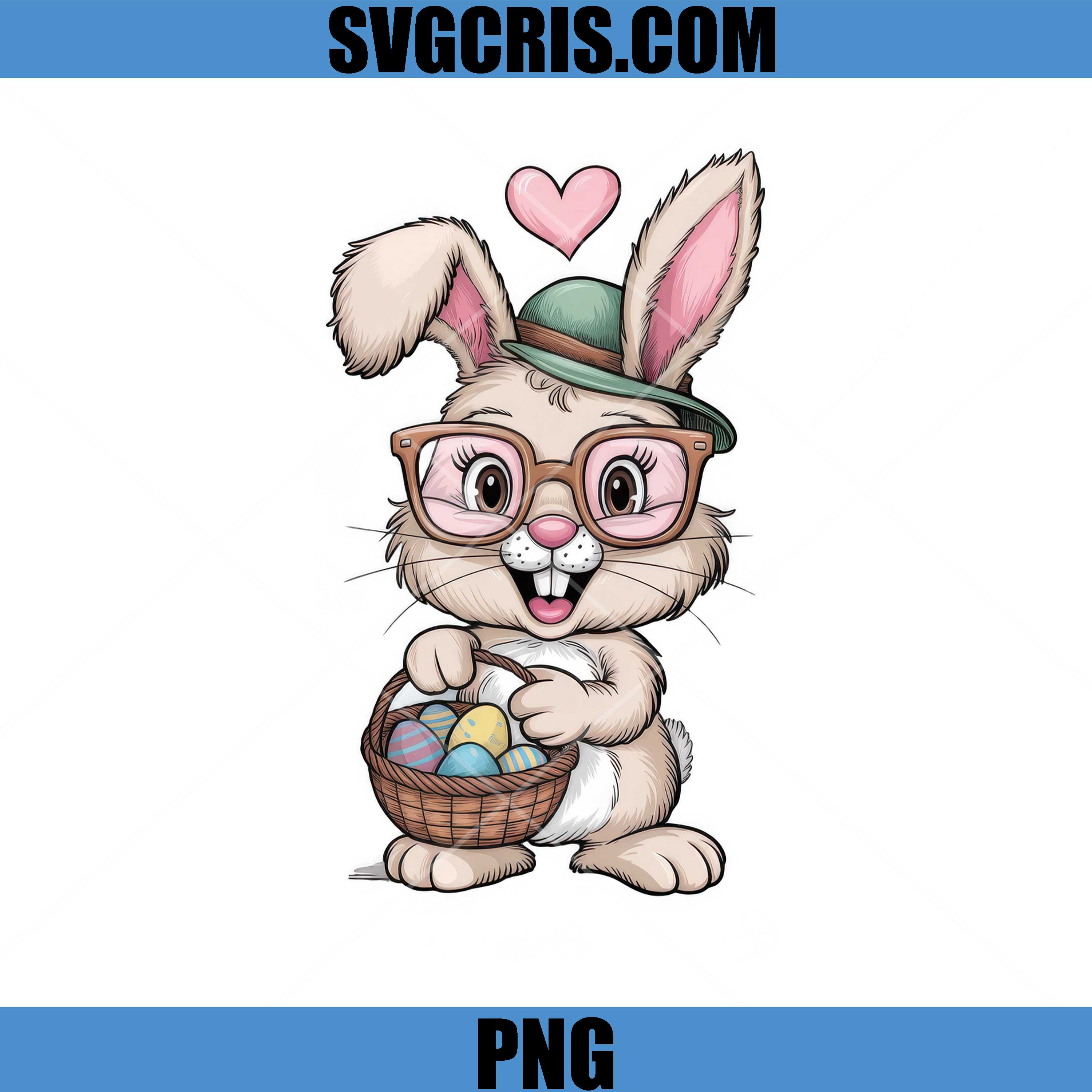 Cute Easter Bunny With Glasses PNG, Kawaii Bunny Basket Eggs PNG