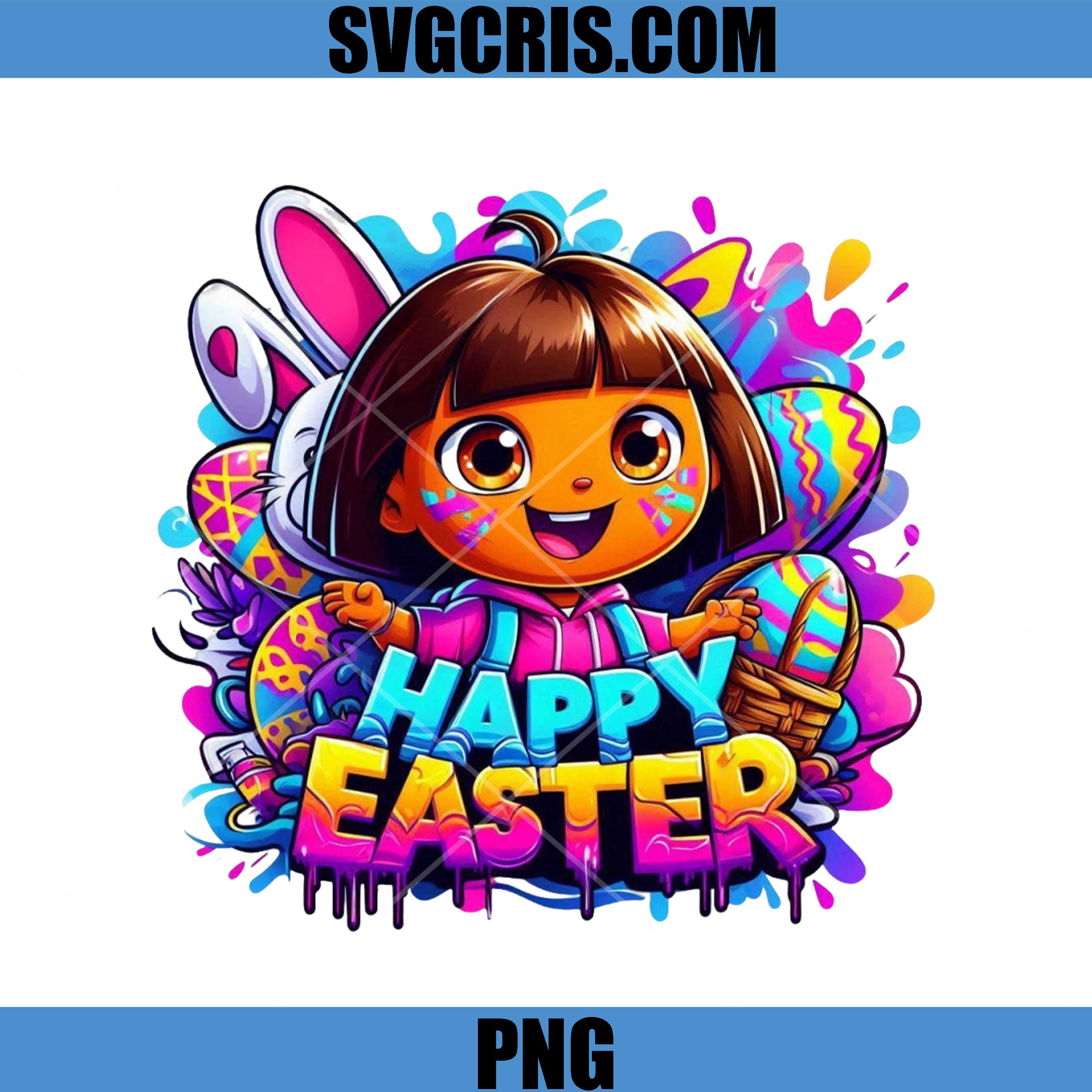 Happy Easter Cartoon Girl PNG, Cute Easter Bunny Eggs Design PNG