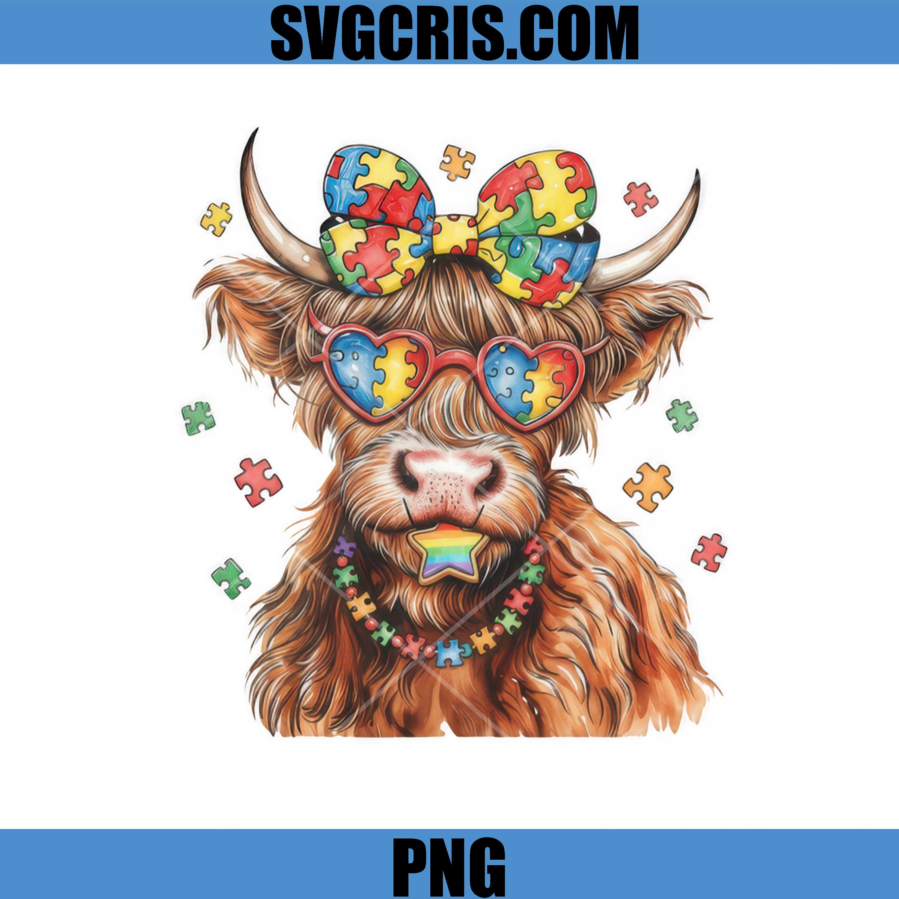 Autism Cow Puzzle Bow Sunglasses PNG, Cute Highland Cow PNG
