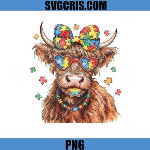 Autism Cow Puzzle Bow Sunglasses PNG, Cute Highland Cow PNG