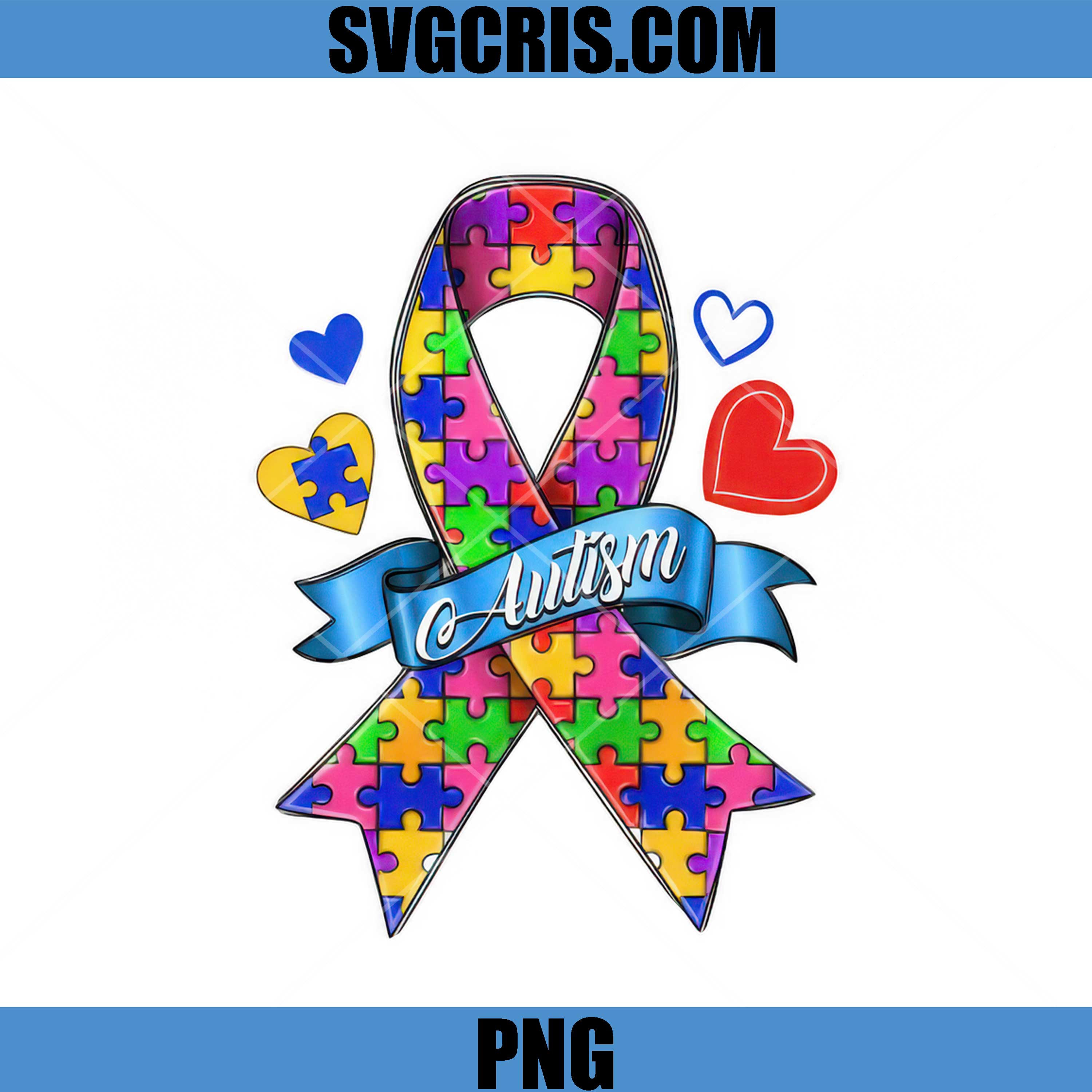 Autism Puzzle Ribbon PNG, Colorful Awareness Ribbon Heart PNG