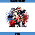 Patriotic Cow With American Flag Bow PNG, Cute Cow Holding Rose PNG