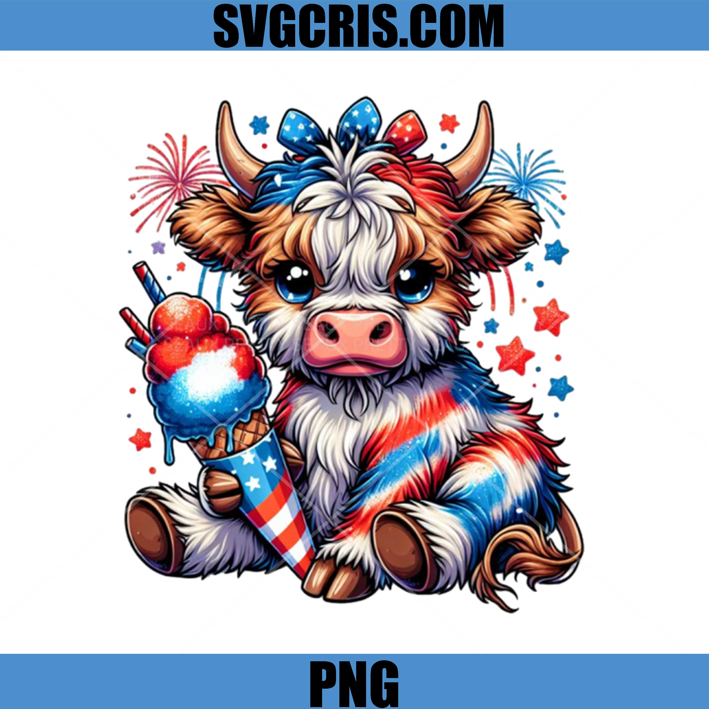 Patriotic Highland Cow Ice Cream PNG, Cute 4th Of July Cow PNG