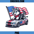 Husky Puppy With USA Flag On Muscle Car PNG, Fourth Of July Dog PNG