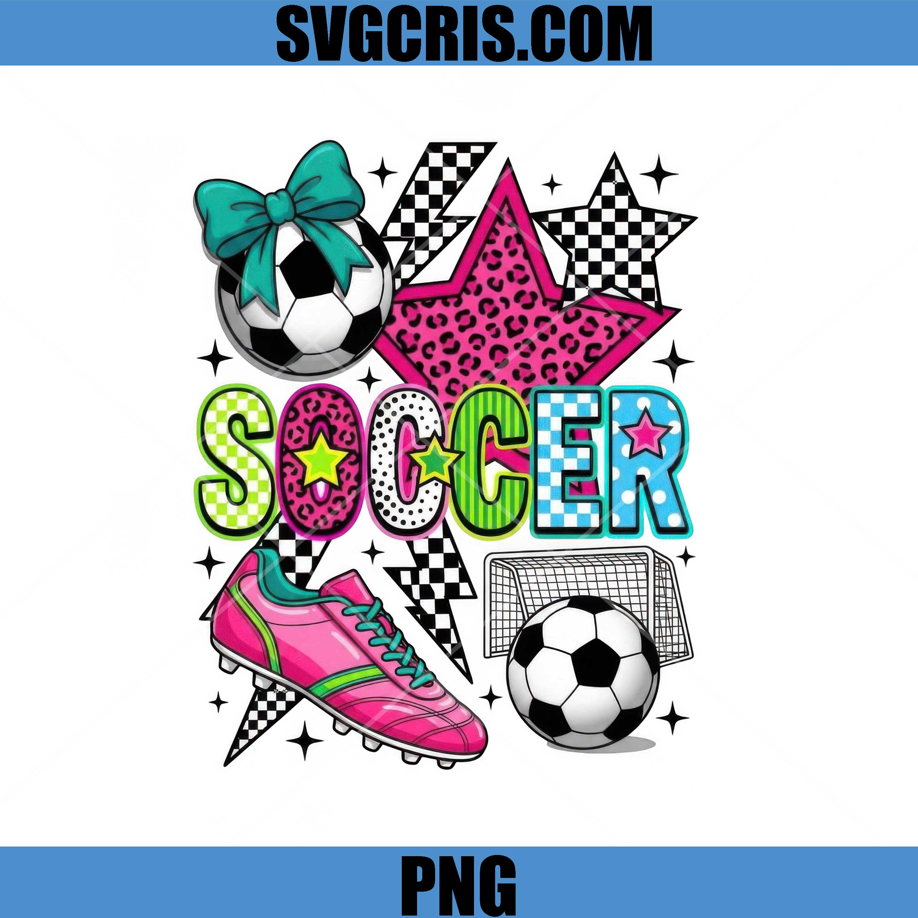 Soccer Mom Bright Leopard Star PNG, Cute Soccer Ball Bow Design PNG