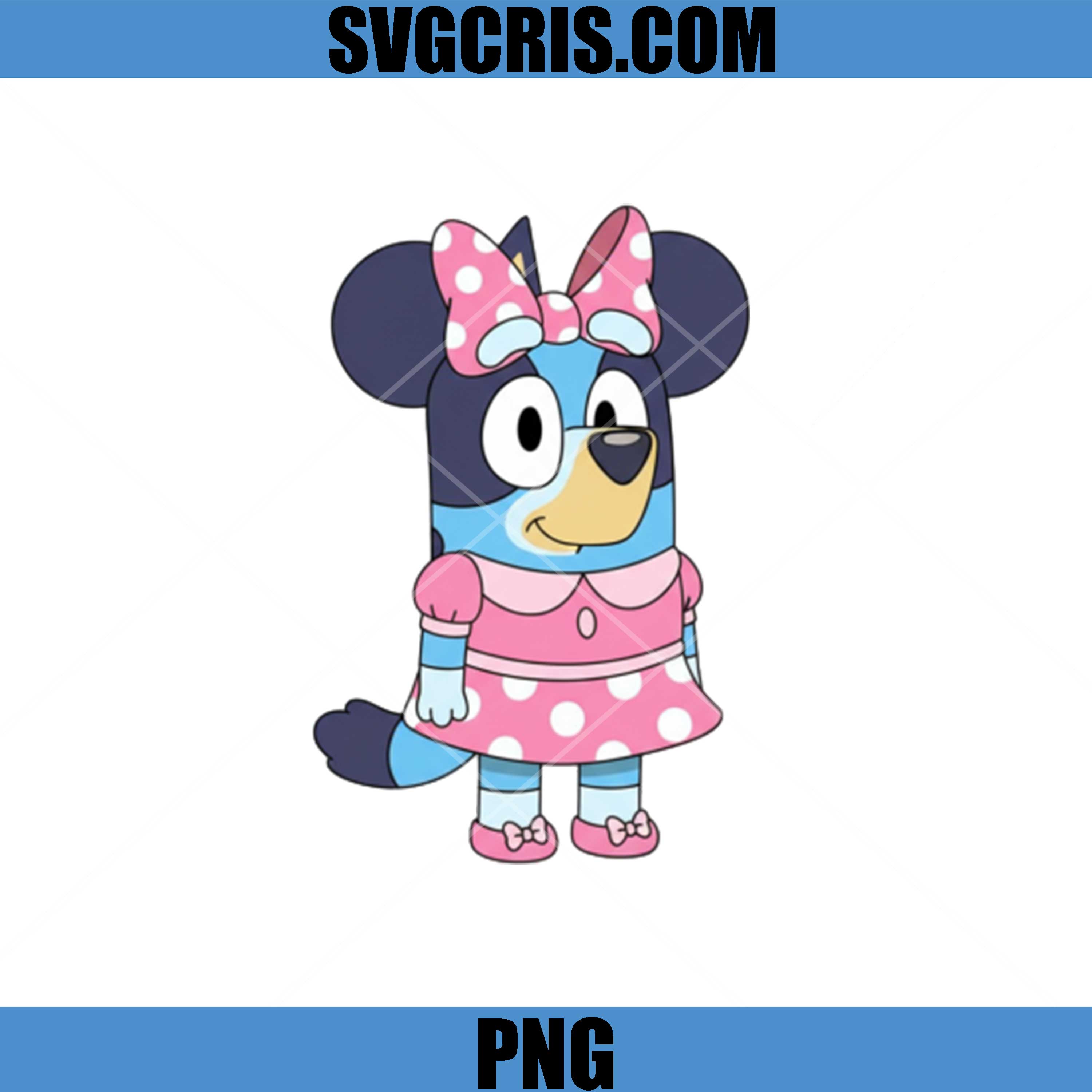 Bluey Minnie Style Pink Bow Polka Dot Dress PNG, Cute Cartoon Dog PNG