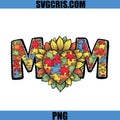 Mom Autism Puzzle Sunflower Heart PNG, Colorful Awareness PNG