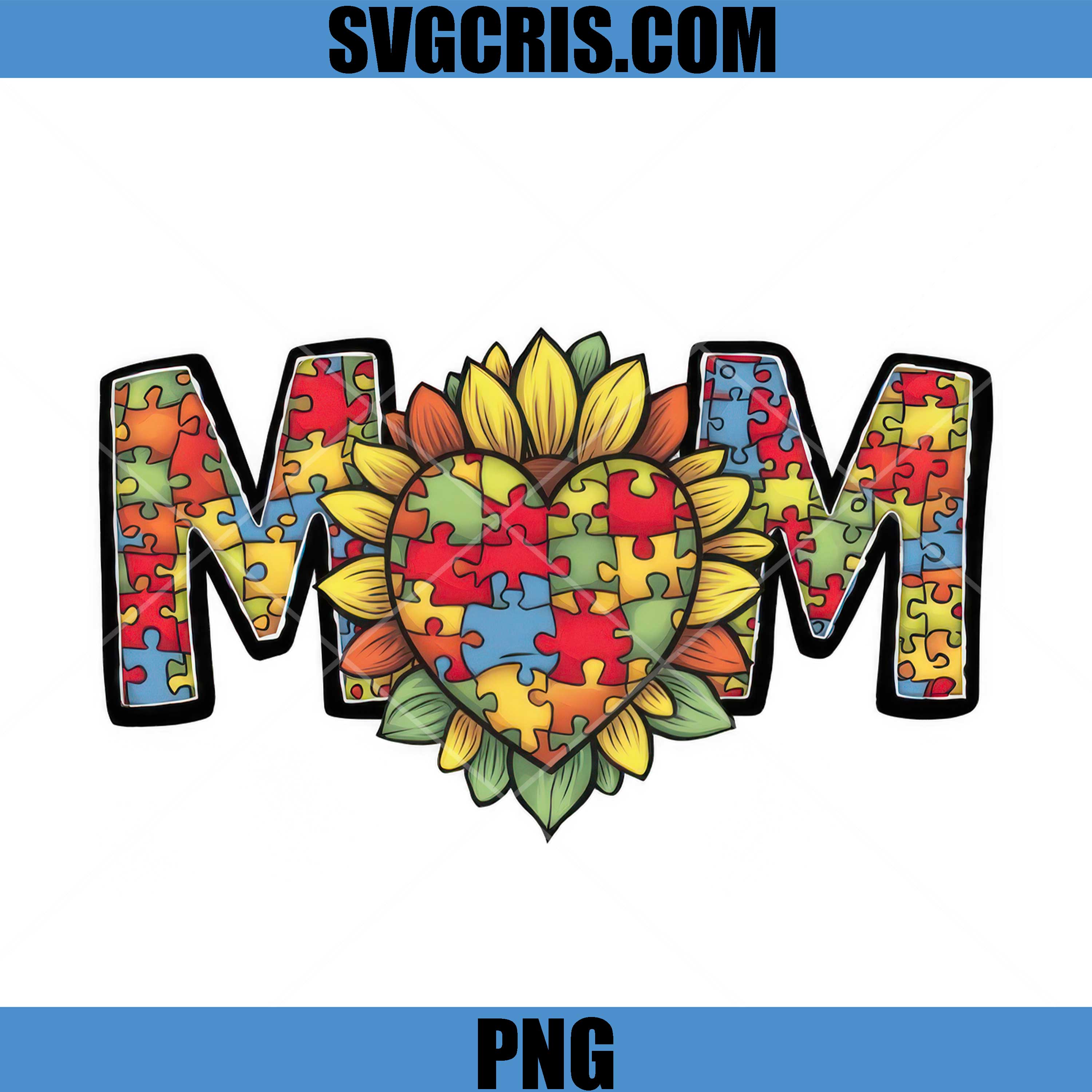 Mom Autism Puzzle Sunflower Heart PNG, Colorful Awareness PNG