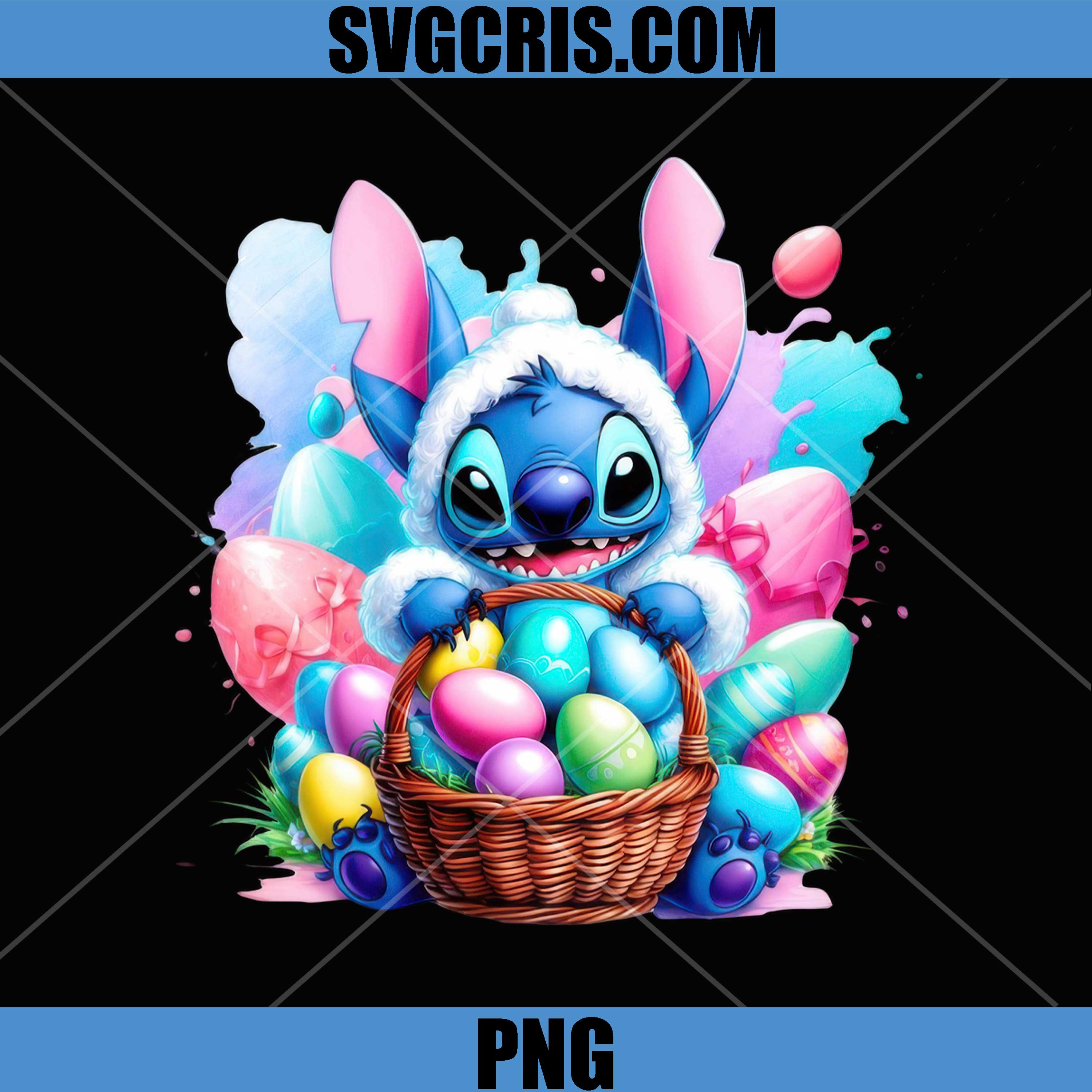 Stitch Easter Bunny With Basket Eggs PNG, Cute Stitch Easter PNG
