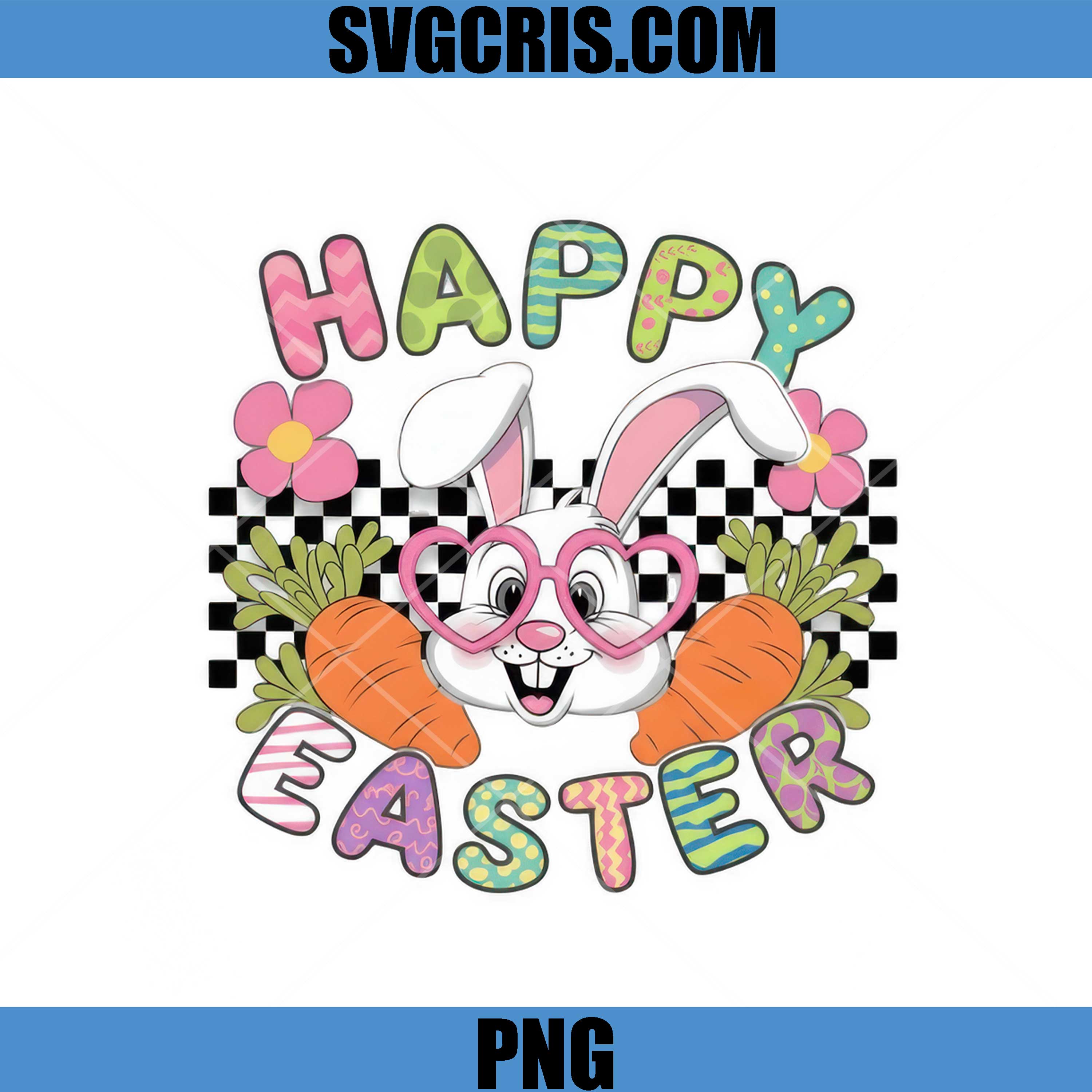 Happy Easter Bunny PNG, Cute Rabbit Glasses Carrots PNG