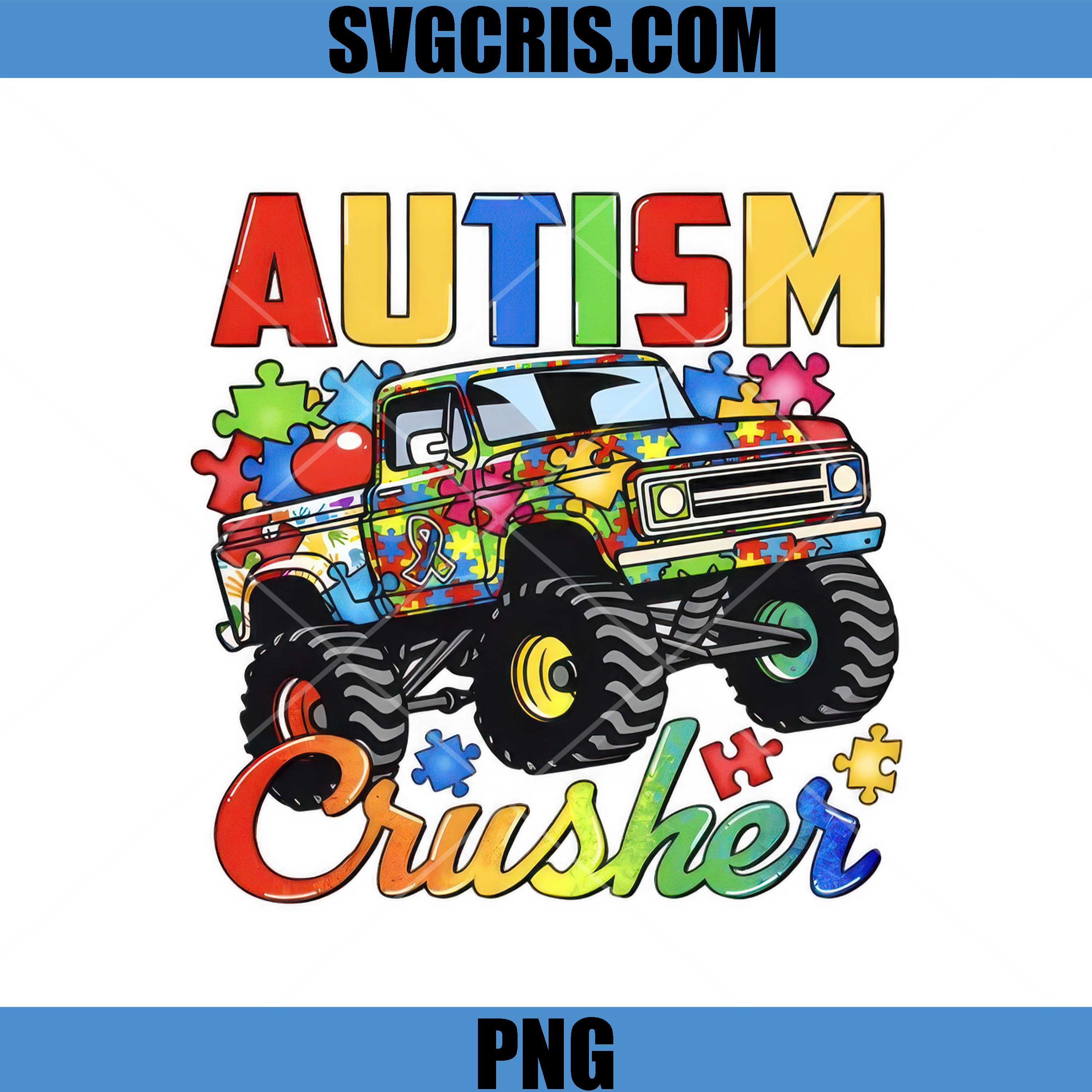 Autism Monster Truck PNG, Colorful Puzzle Crusher Truck PNG
