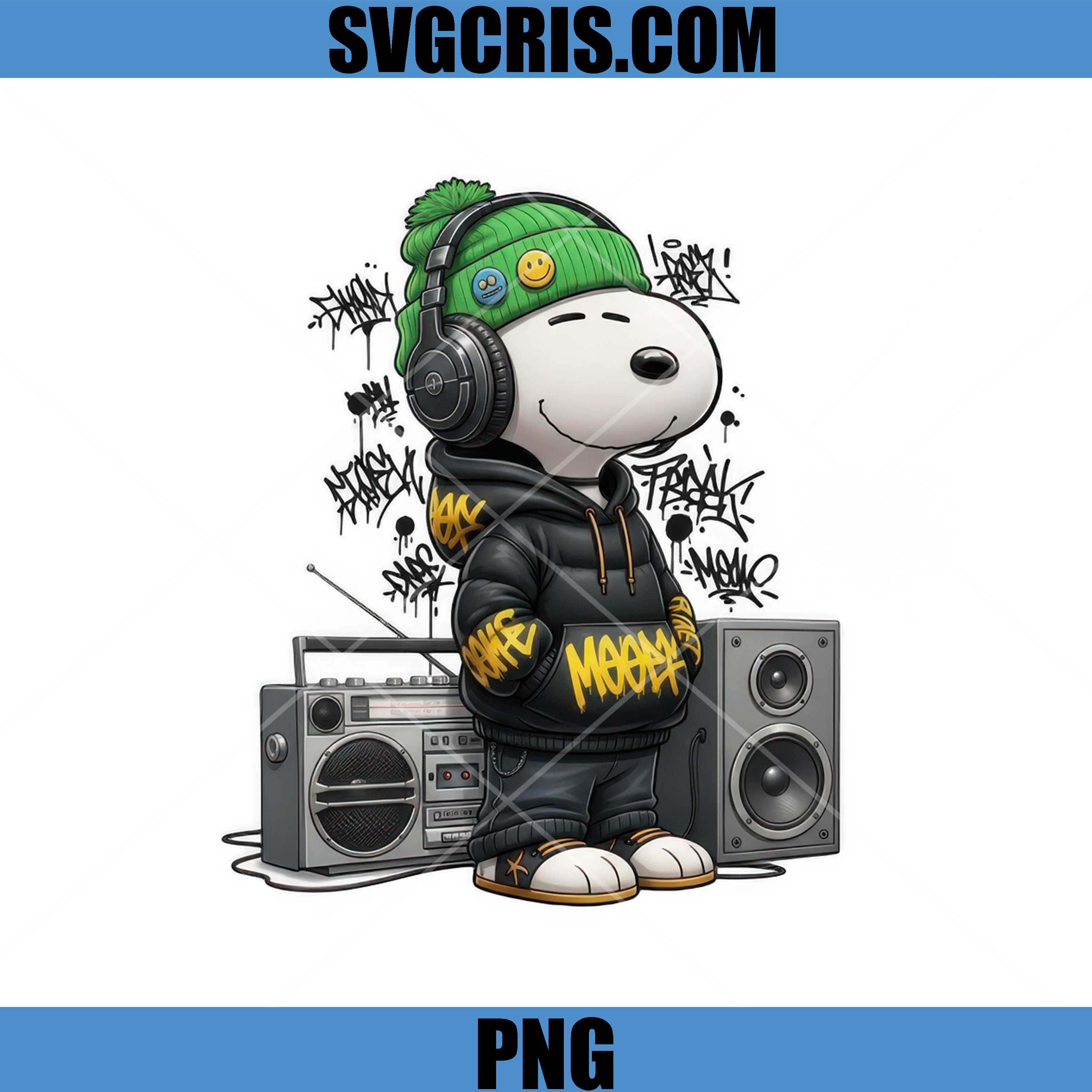 Snoopy With Beanie And Boombox Graffiti Style PNG, Cool Music Cartoon Design PNG