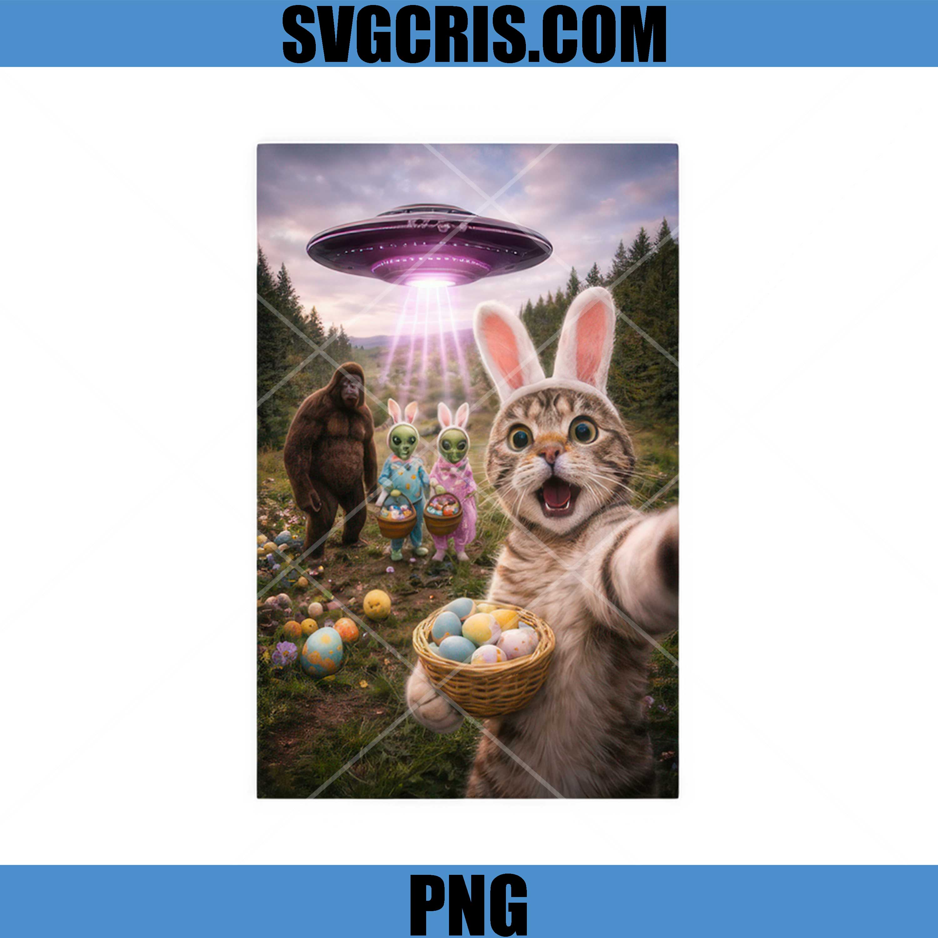 Easter Cat Bunny Ears Selfie With UFO PNG, Cute Cat Easter PNG