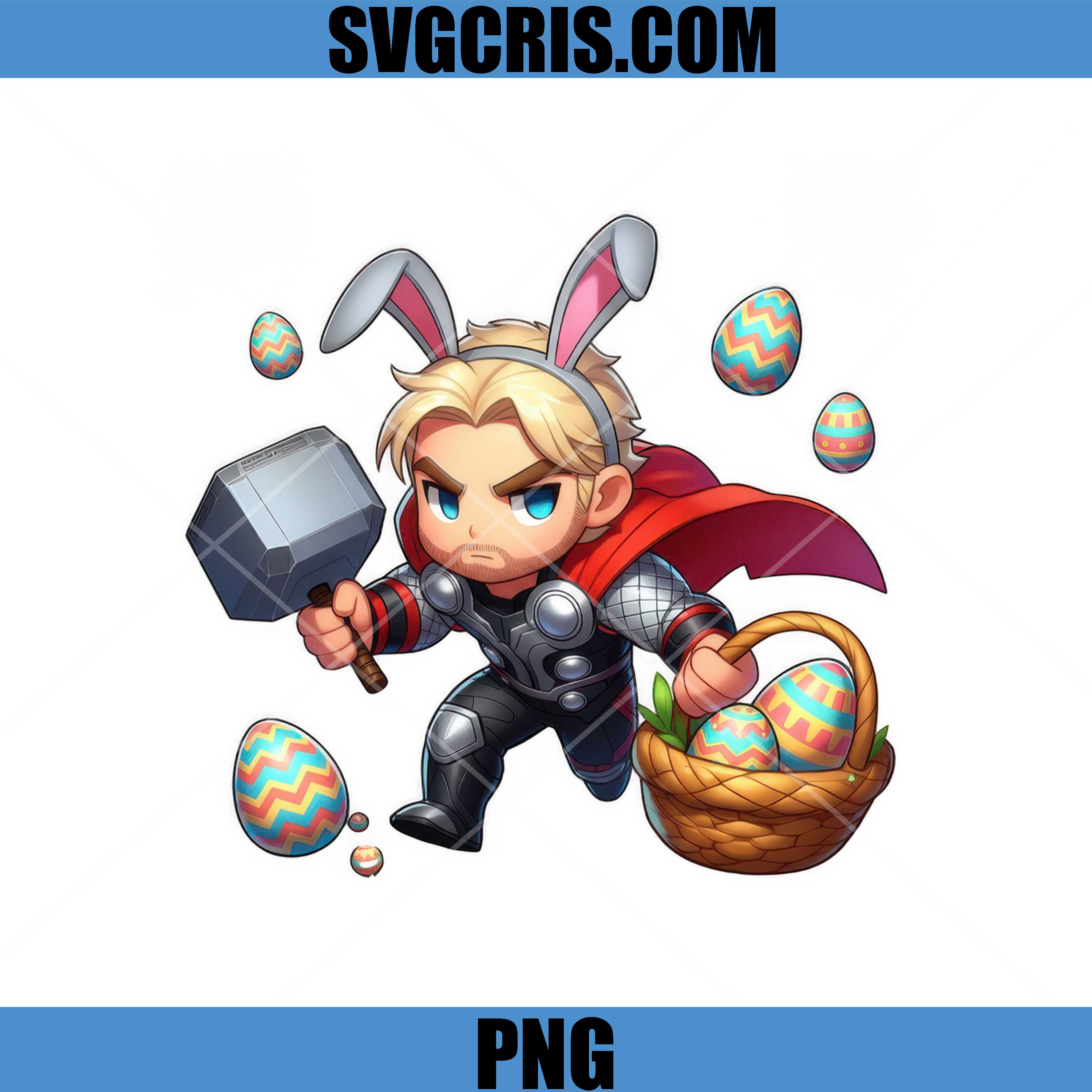 Thor Easter Bunny With Hammer PNG, Superhero Bunny Eggs Basket PNG