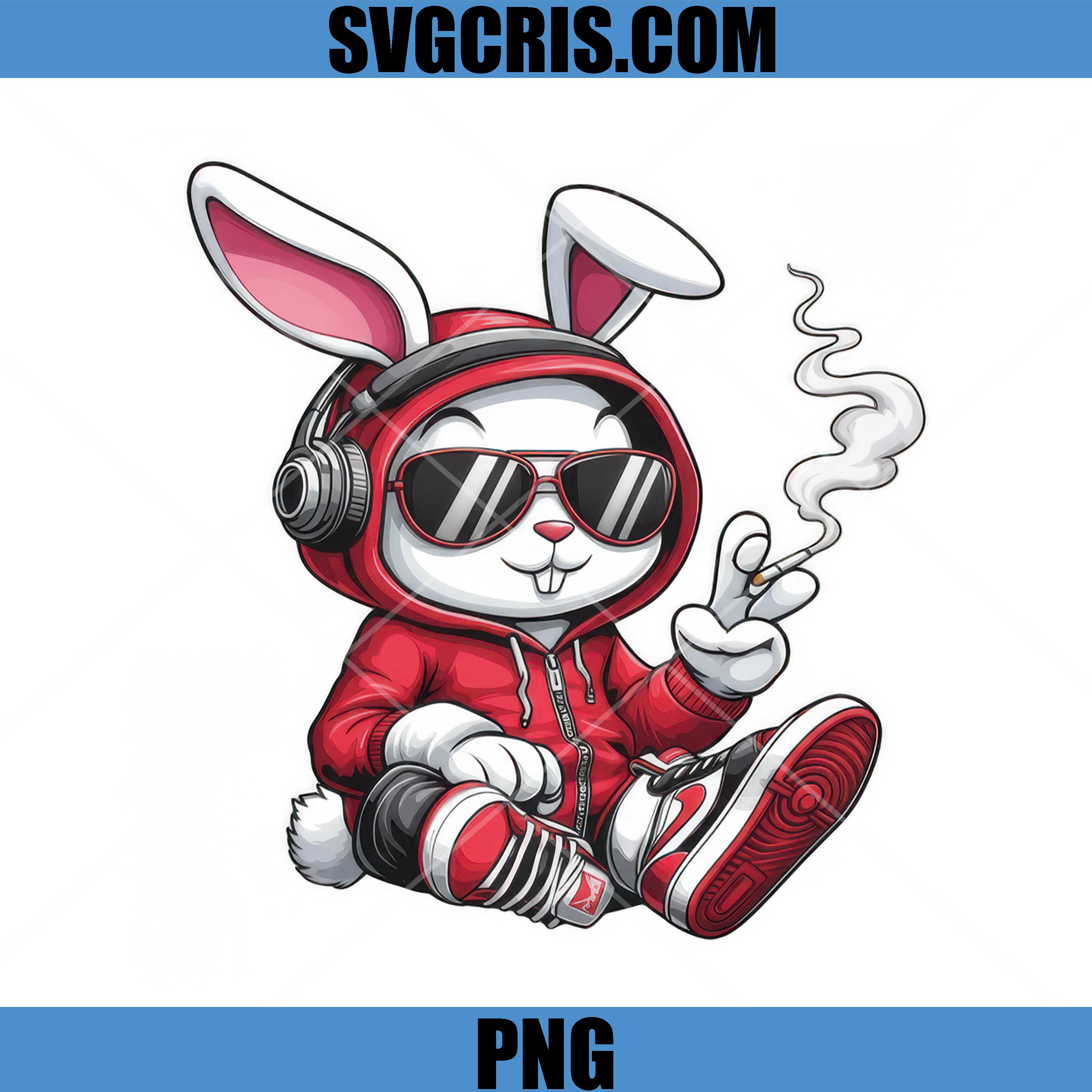 Cool Bunny With Headphones Smoking PNG, Street Style Rabbit Hoodie PNG