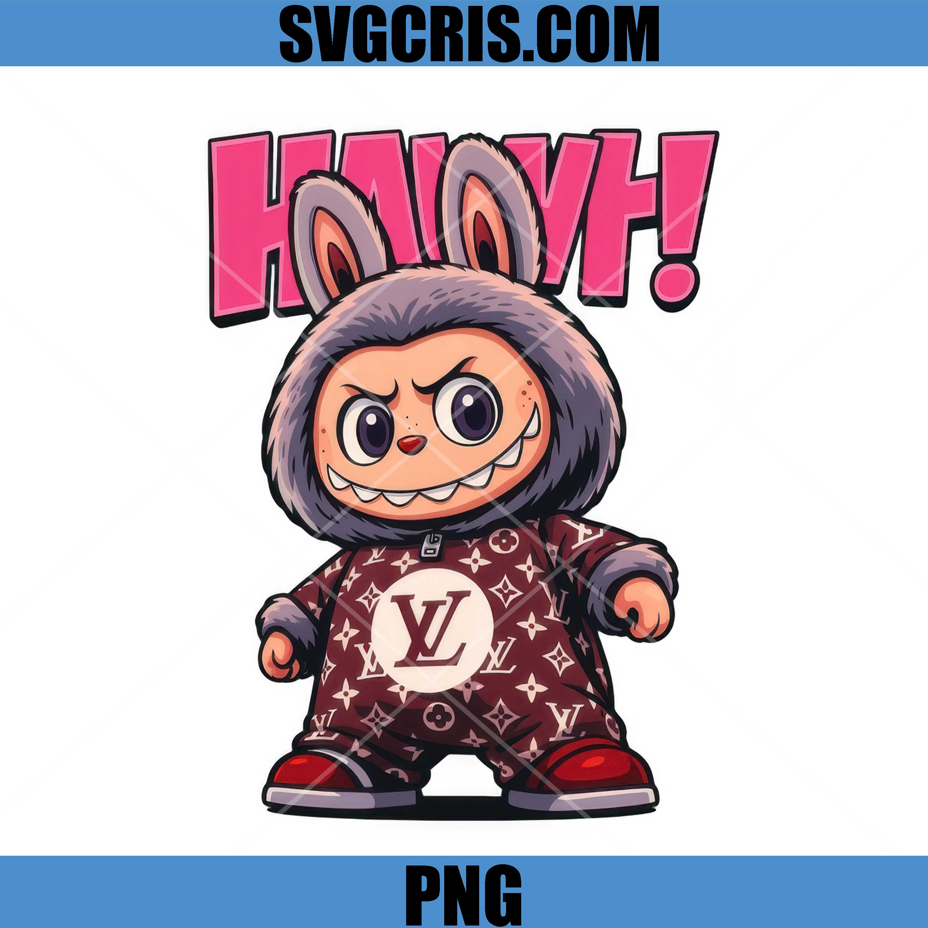 Labubu Bunny In LV Huh Text PNG, Cute Labubu Bunny Character PNG