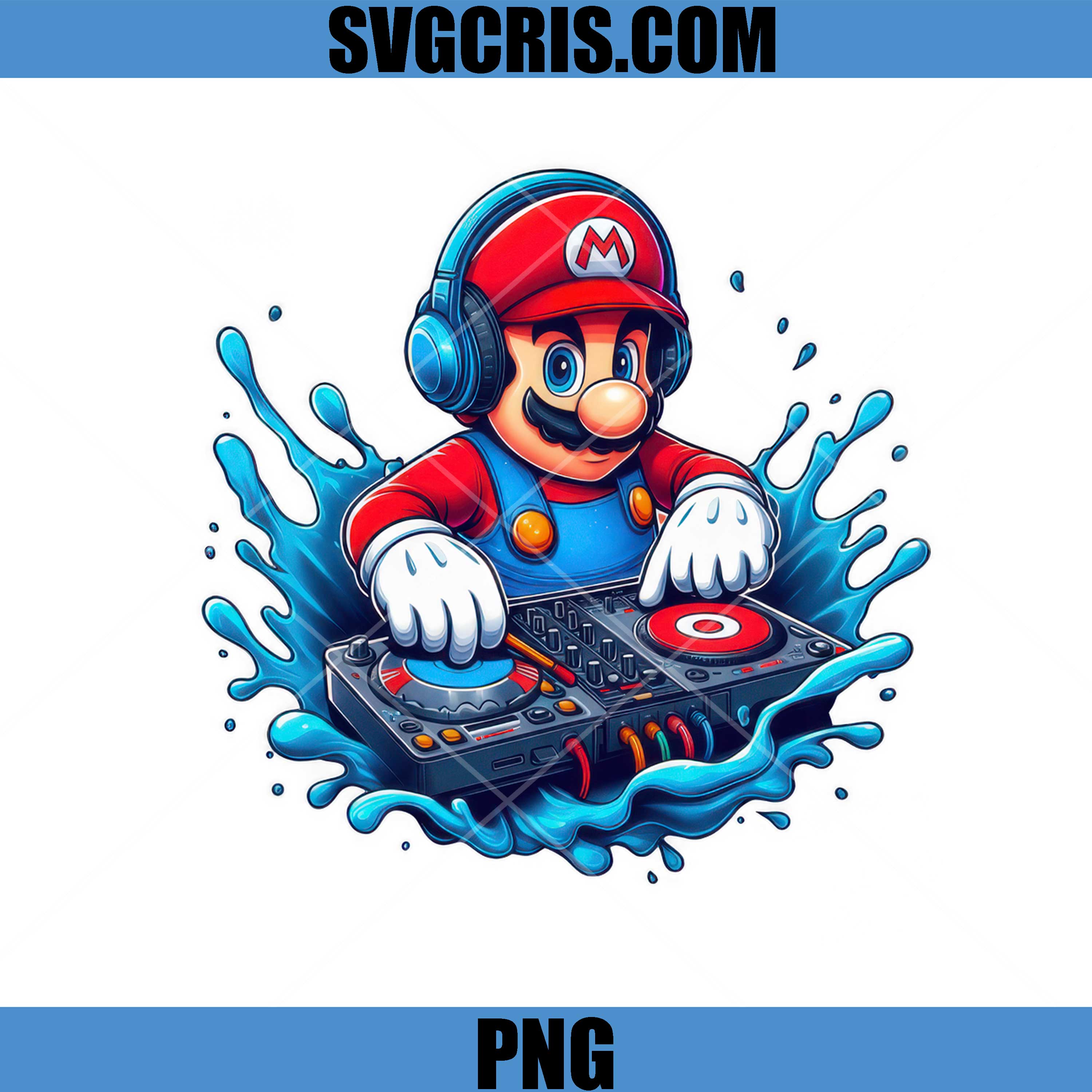 Mario DJ Mixing Turntable Water Splash Graphic PNG, Cool Gamer Cartoon Artwork PNG