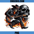 Flaming Skeleton Guitarist Dark Rock Style PNG, Skull Fire Guitar Art PNG