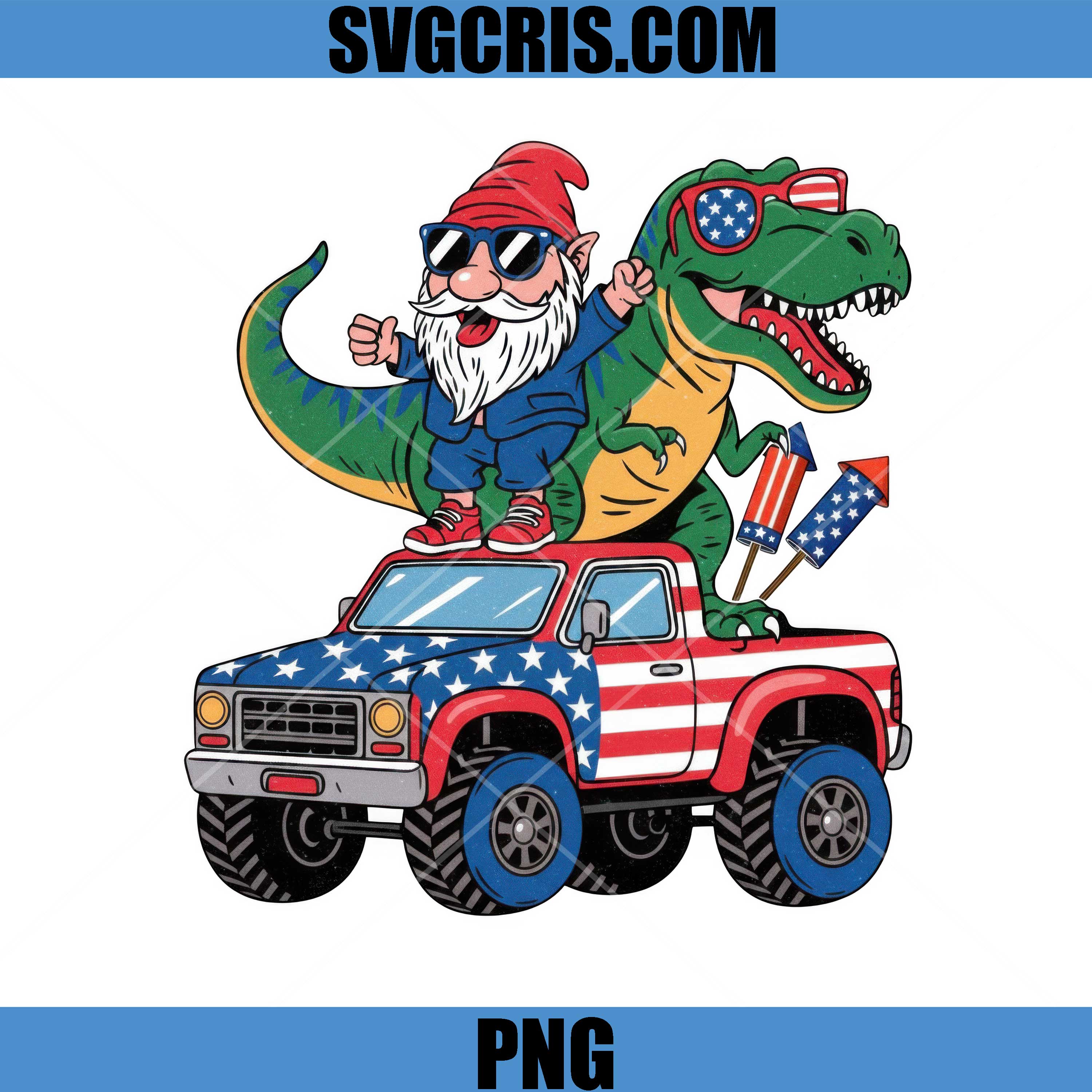 USA Flag Pickup With Gnome And T Rex PNG, 4Th Of July Gnome And T Rex PNG