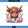 Cute Highland Cow With Bunnies PNG, Easter Eggs Cow With Heart Glasses PNG