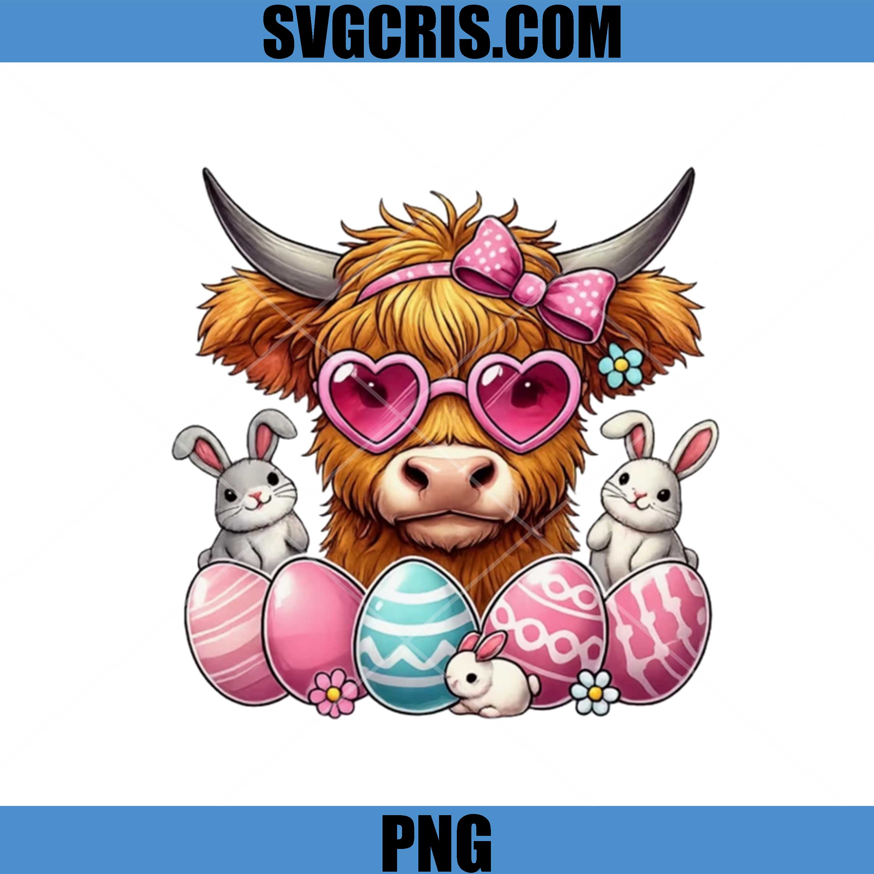 Cute Highland Cow With Bunnies PNG, Easter Eggs Cow With Heart Glasses PNG