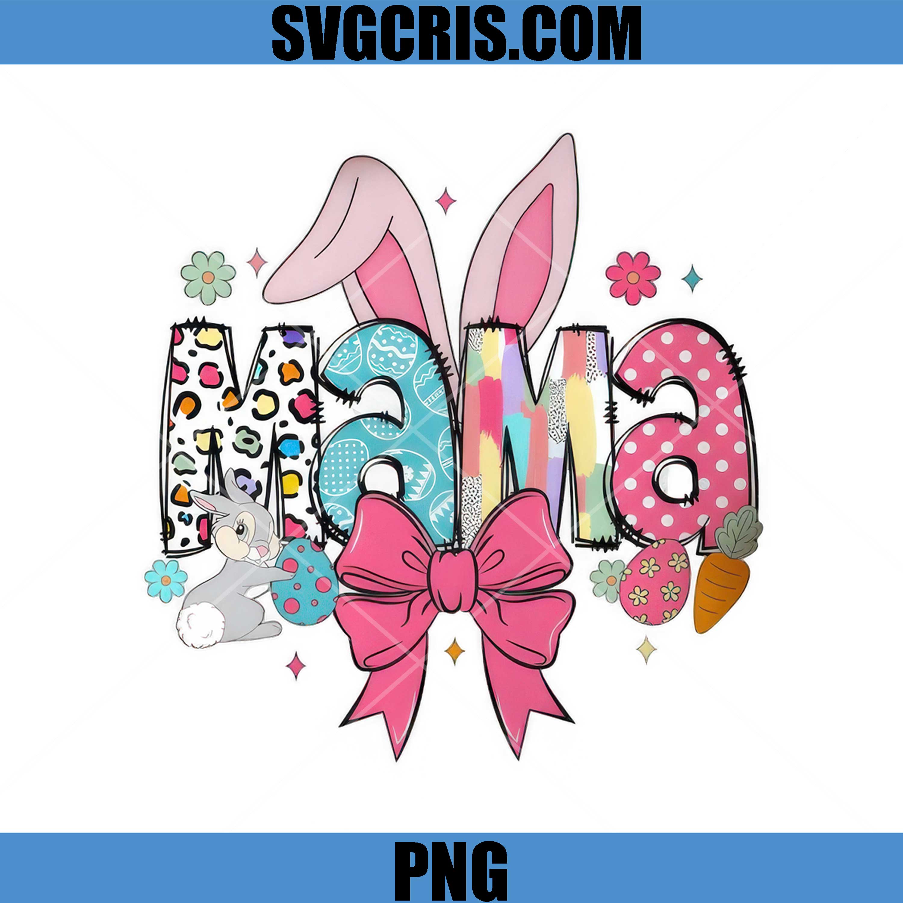 Mama Bunny Easter PNG, Cute Rabbit Bow Eggs Carrot PNG