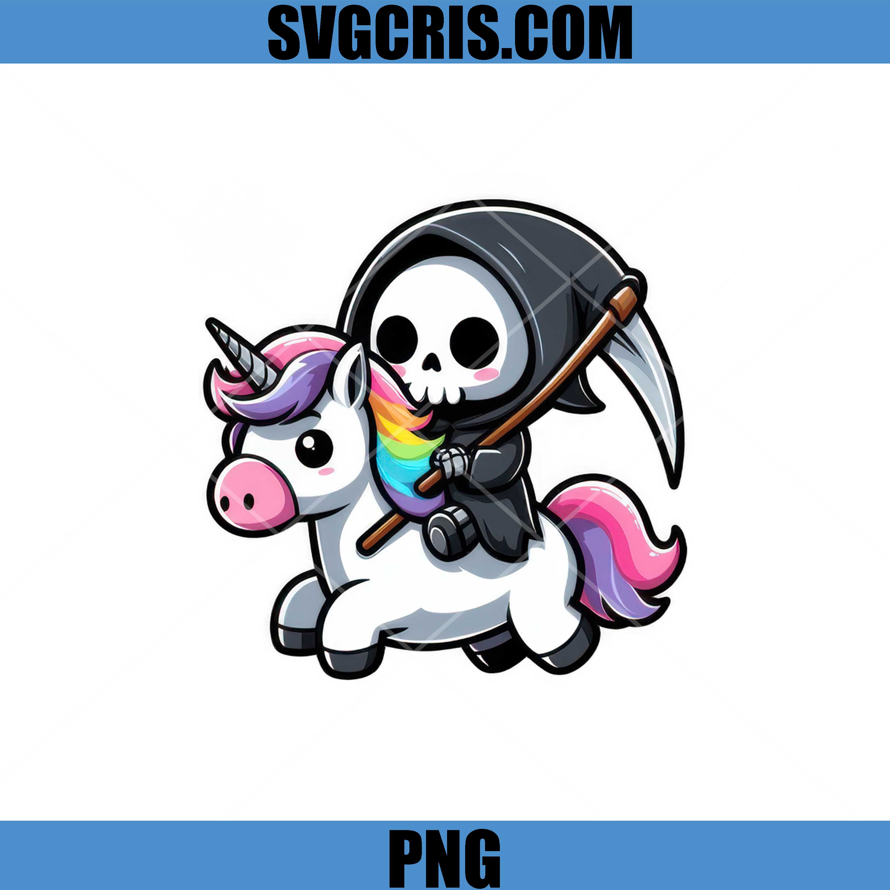 Cute Grim Reaper Riding Unicorn PNG, Funny Grim Reaper PNG