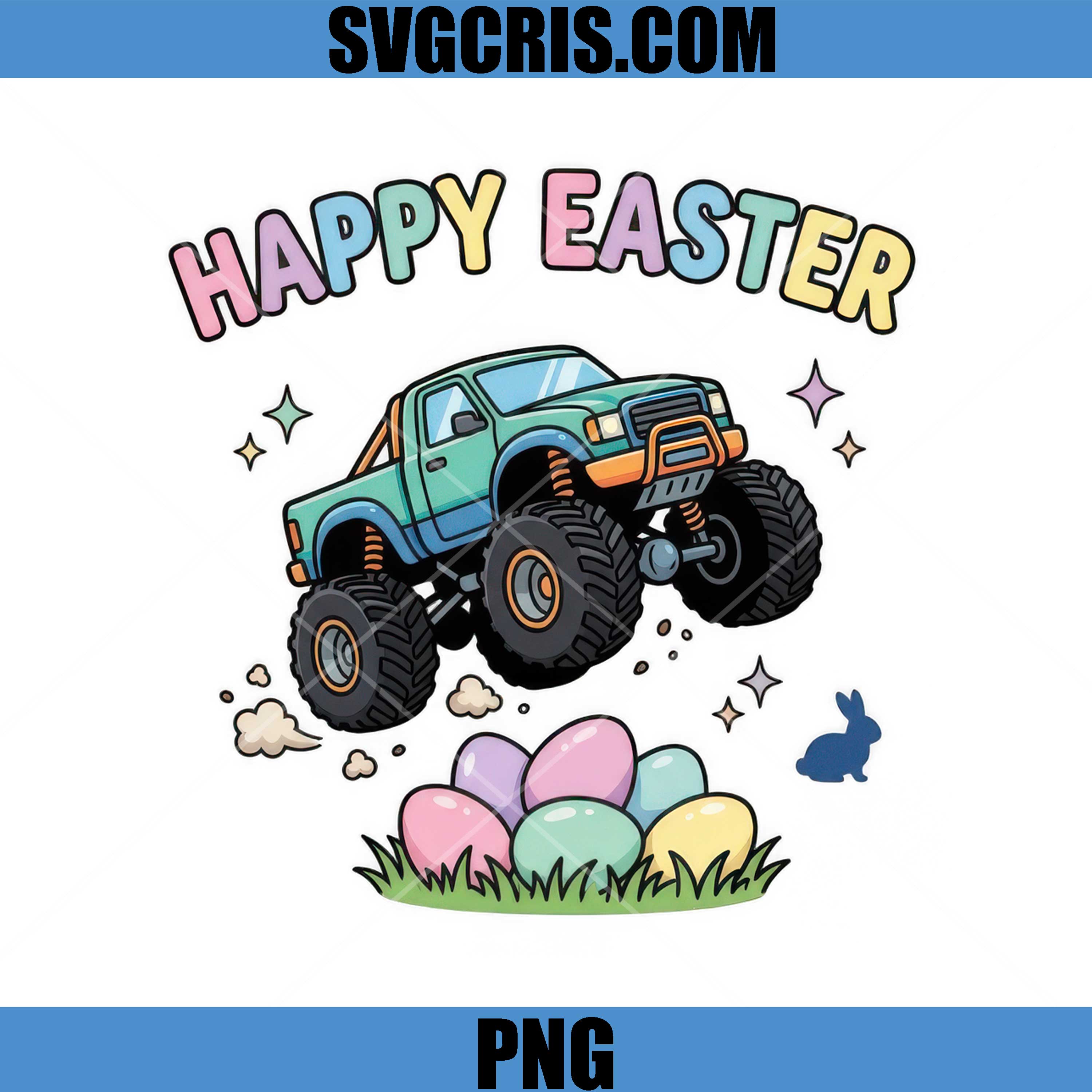 Happy Easter Monster Truck Eggs PNG, Cute Bunny Car PNG