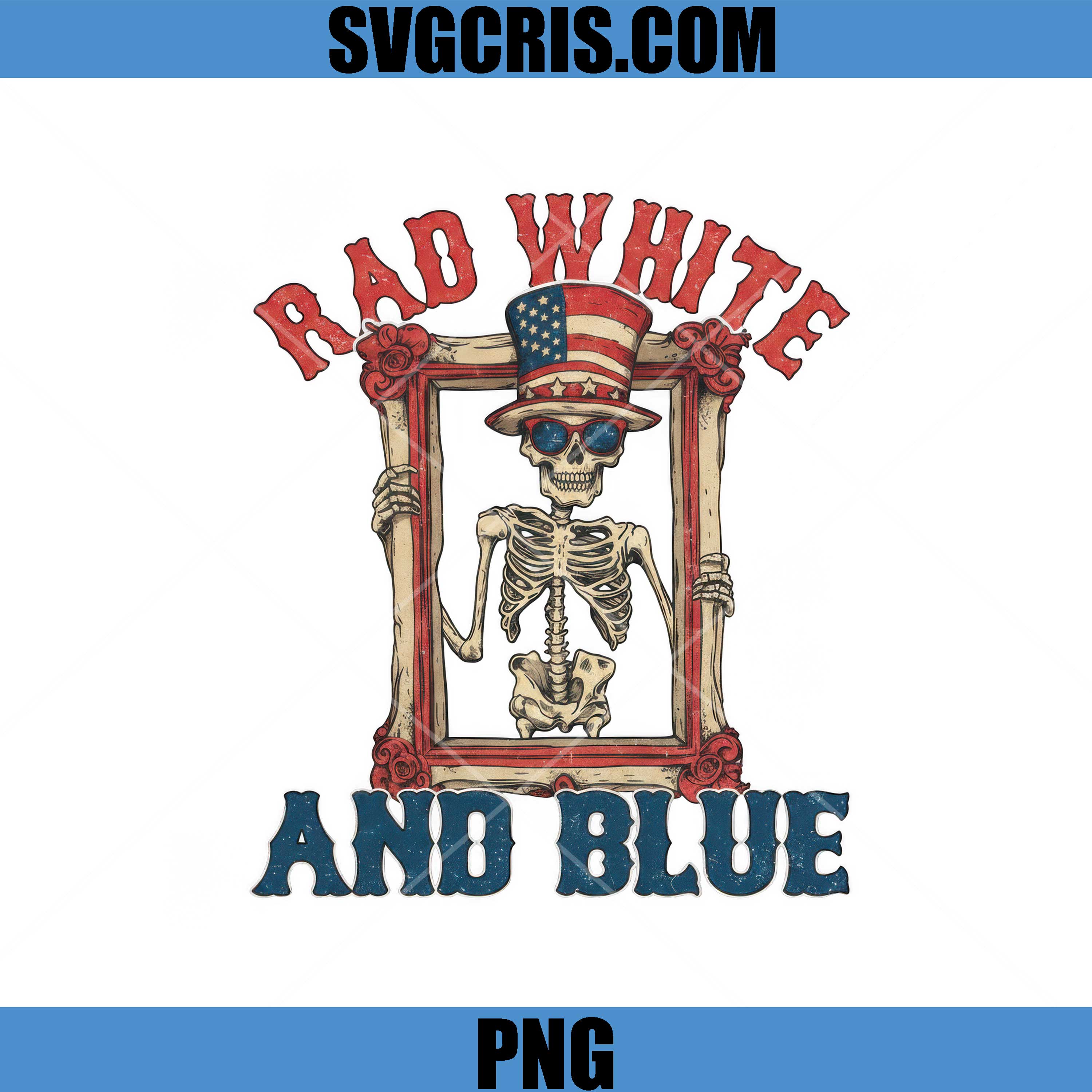 Rad White And Blue Skull Frame PNG, Patriotic Skeleton 4th July PNG