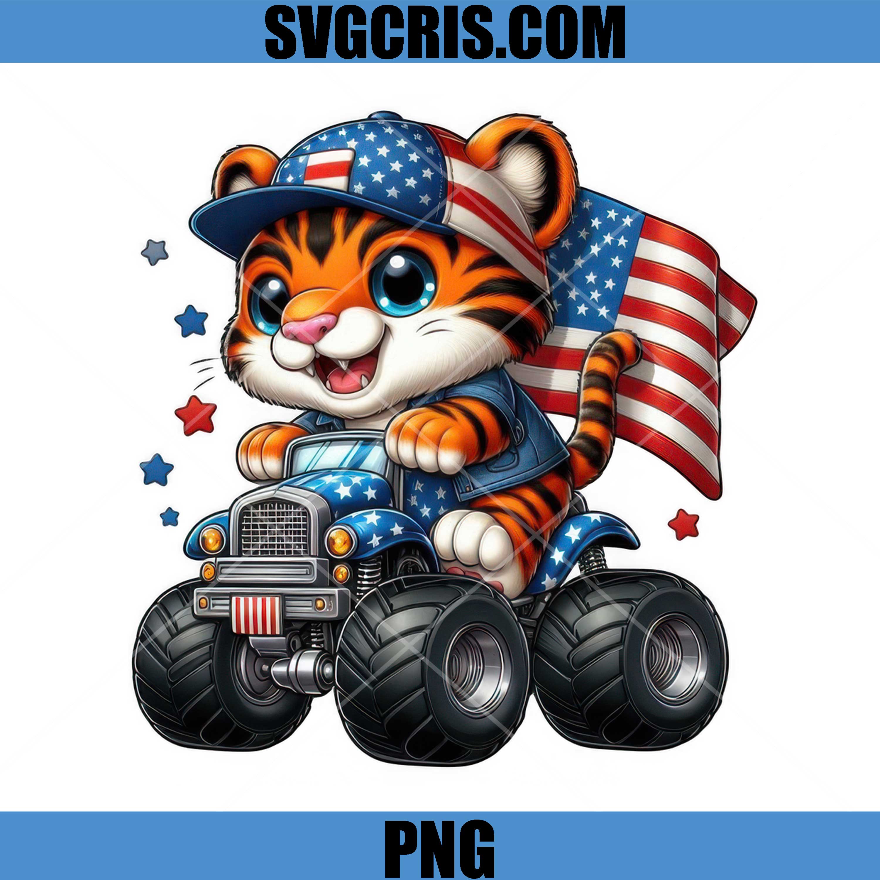 Patriotic Tiger Monster Truck USA Flag PNG, Cute Tiger 4th July PNG