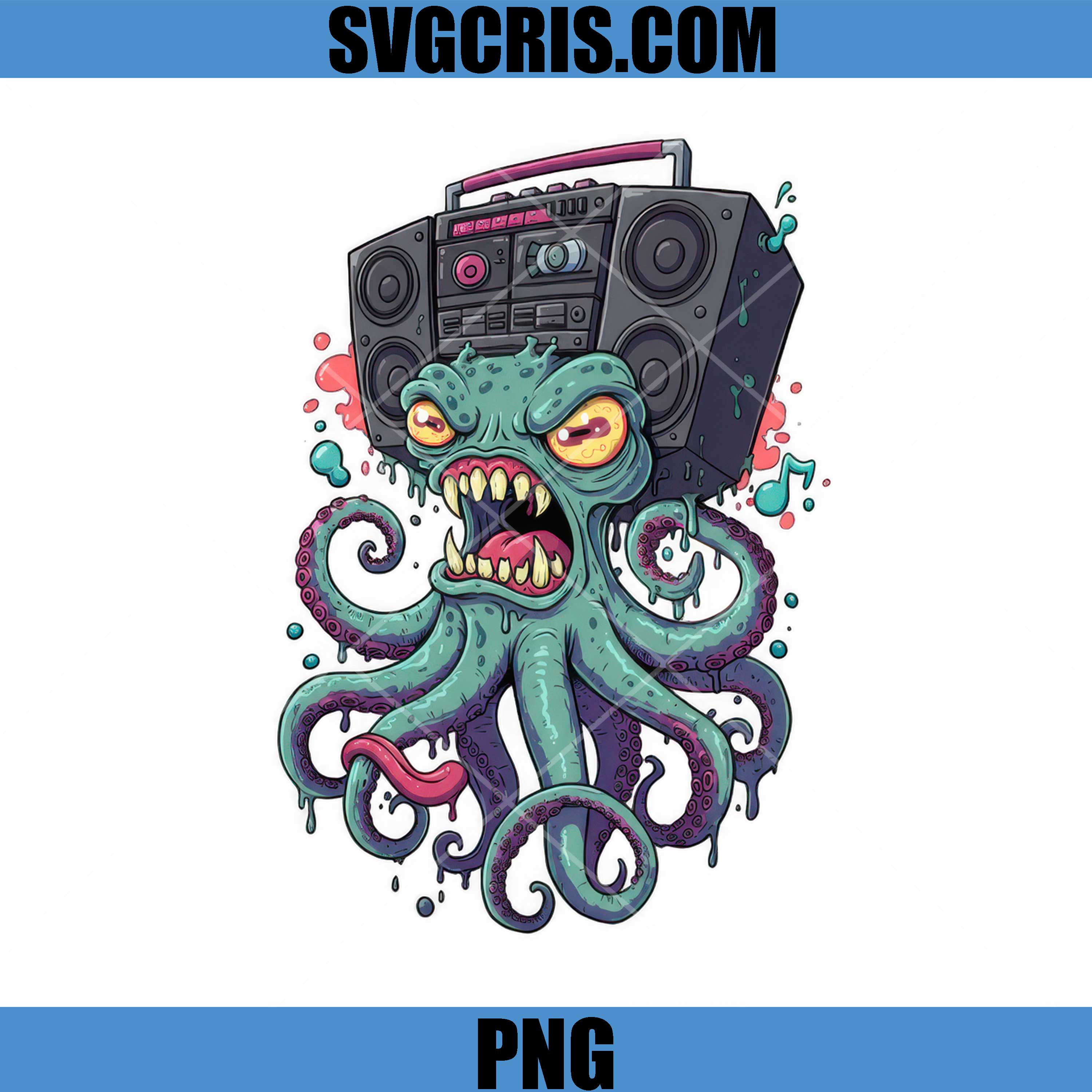 Angry Octopus With Boombox Head PNG, Monster Music Creature PNG