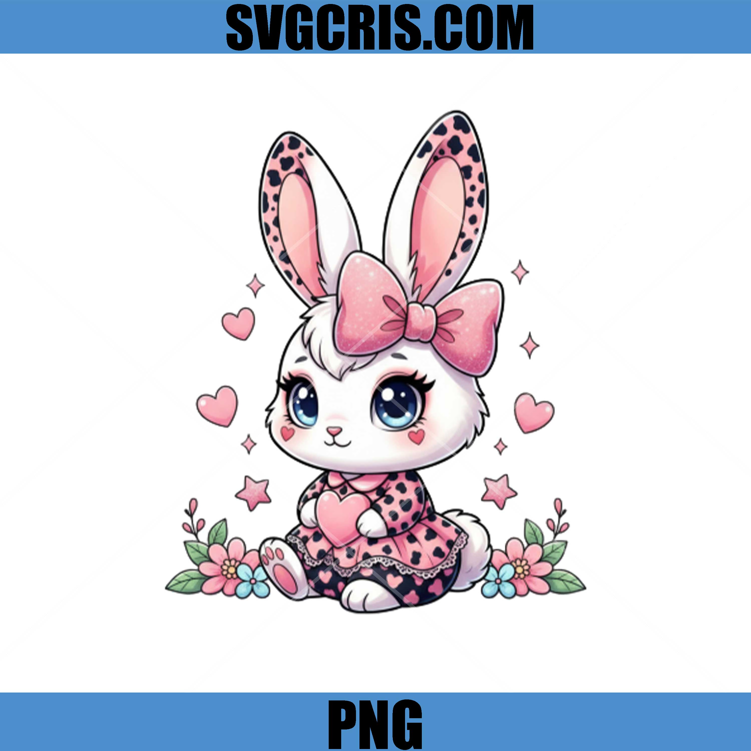 Cute Pink Bunny With Bow PNG, Kawaii Bunny Holding Heart PNG, Happy Easter Eggs PNG