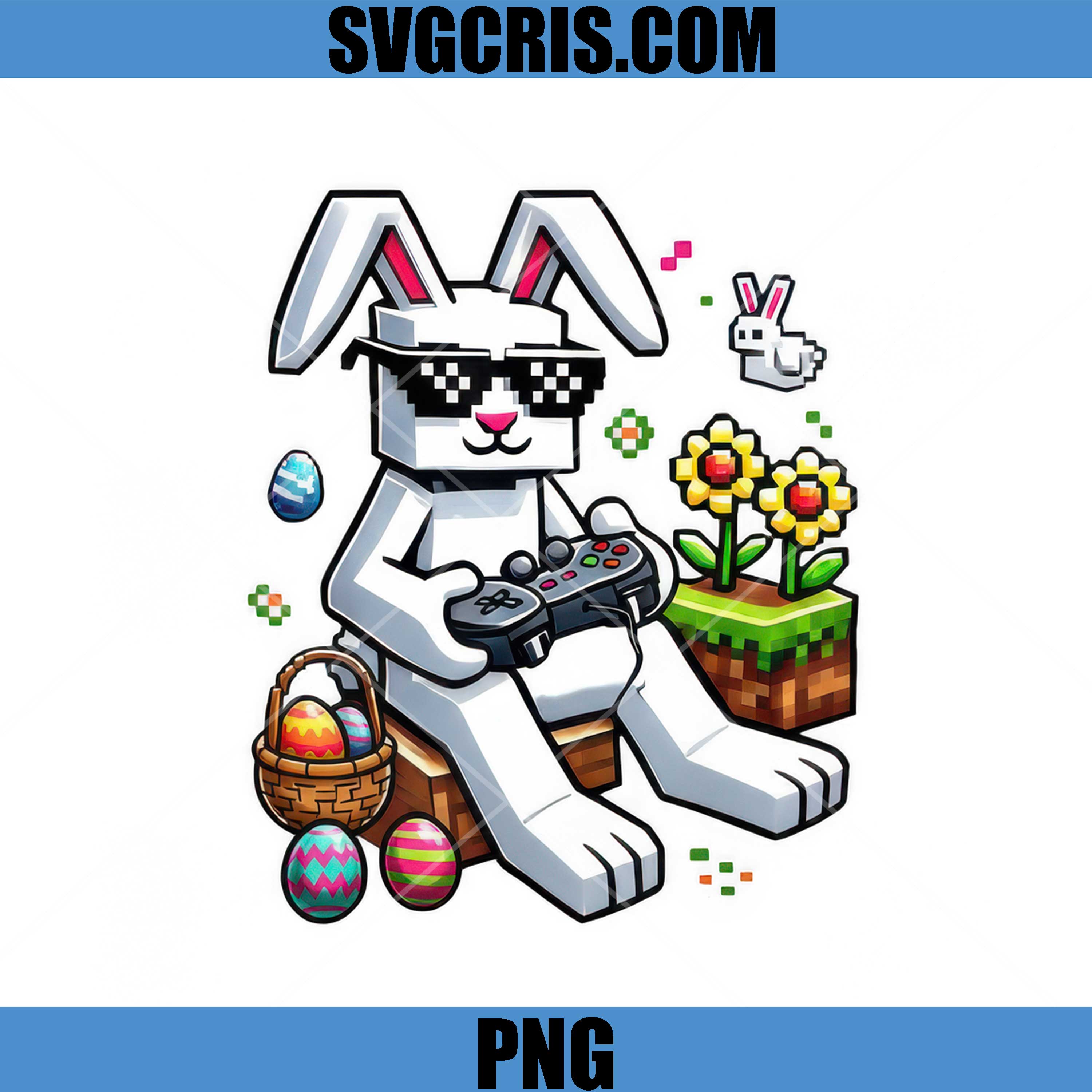 Gaming Bunny With Controller Easter Eggs PNG, Bunny Easter Pixel Style PNG
