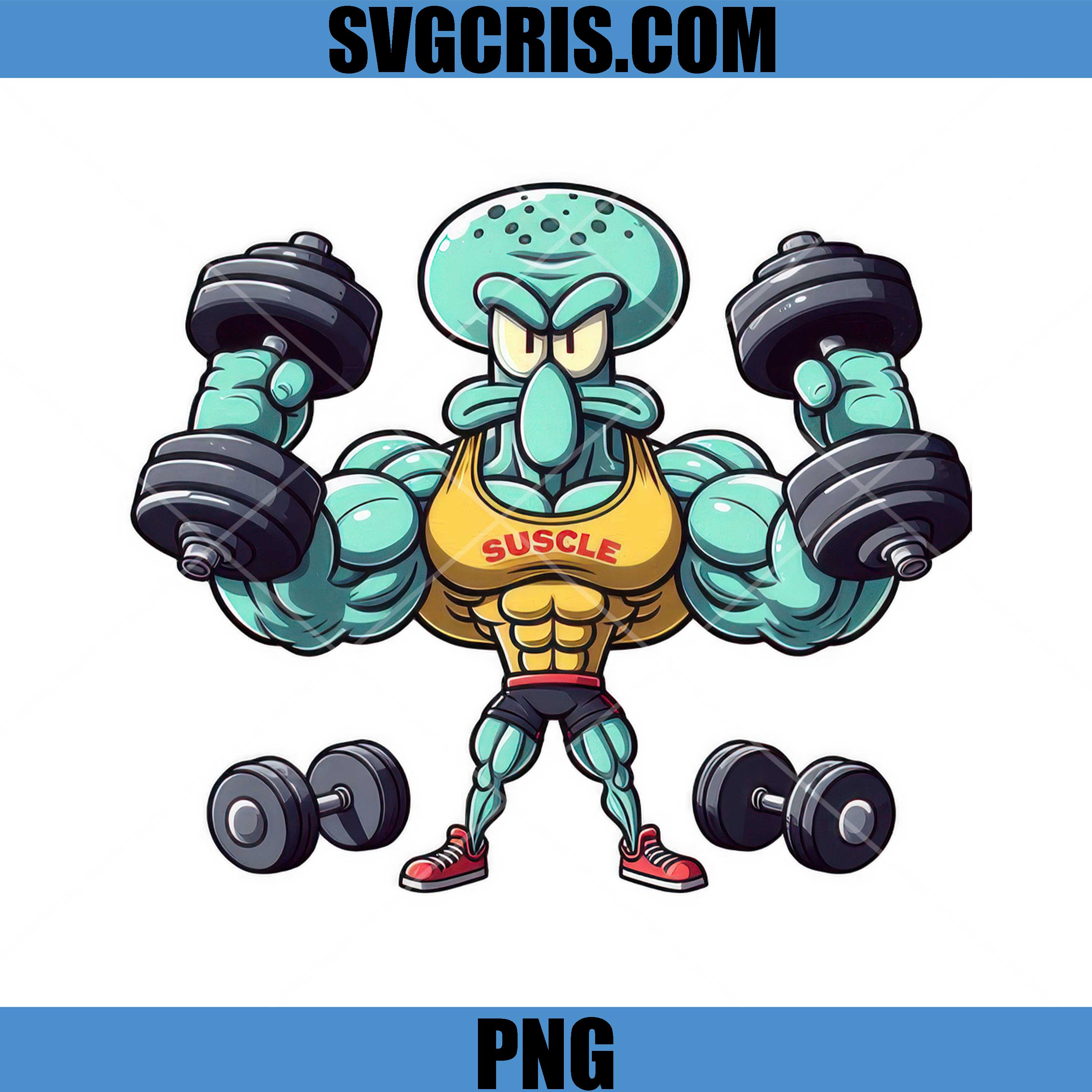 Squidward Gym Muscle Dumbbell PNG, Strong Squidward Fitness PNG