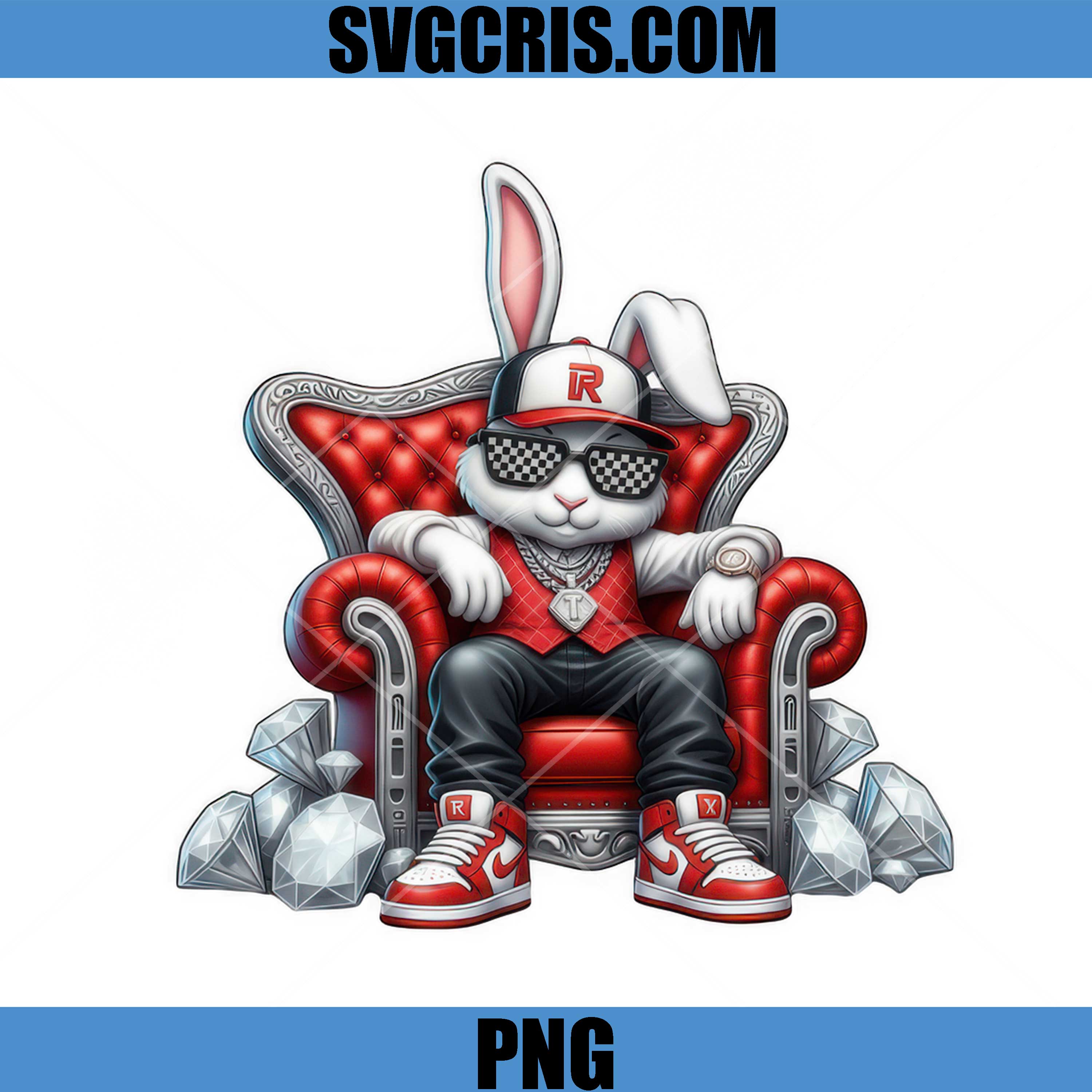 Gangster Bunny Sitting On Red Throne PNG, Hip Hop Bunny Character PNG