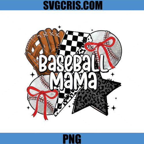 Baseball Mama PNG, Baseball Glove Ball Bow Star PNG