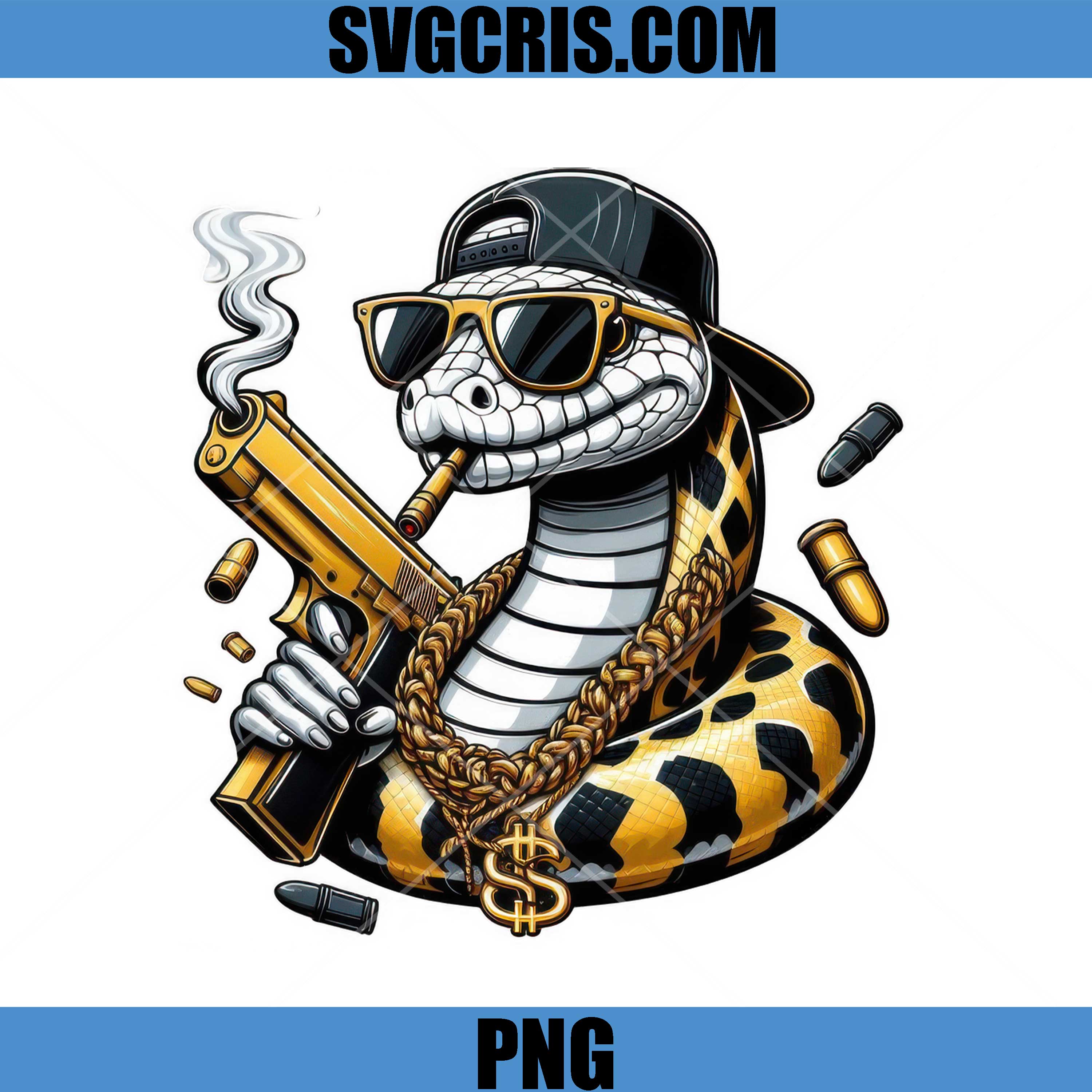 Gangster Snake With Gun Gold Chain PNG, Street Style Snake Animal PNG