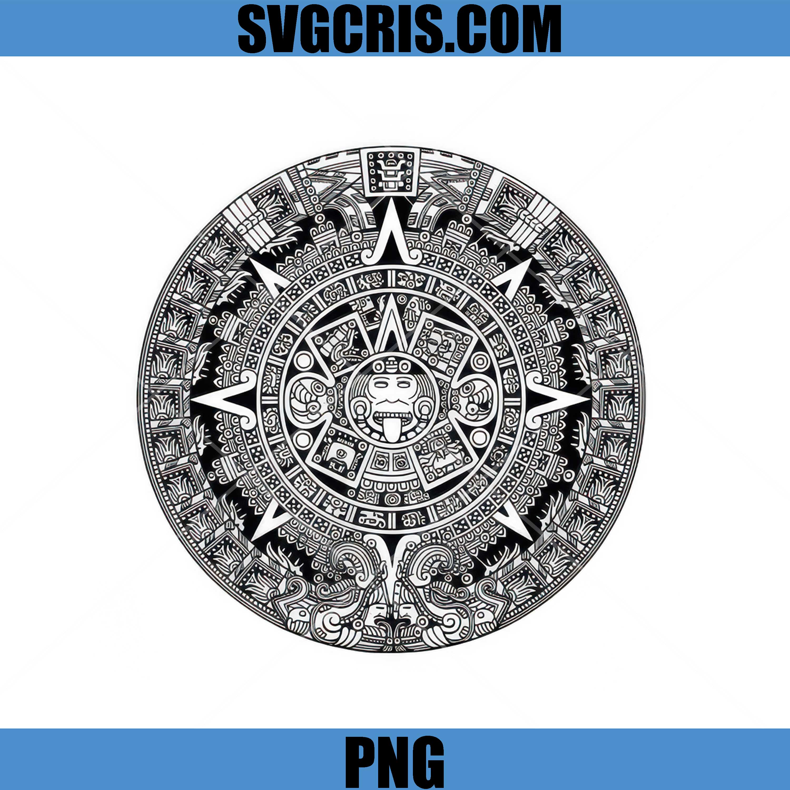 Aztec Calendar Black White Art PNG, Mayan Sun Stone Design PNG