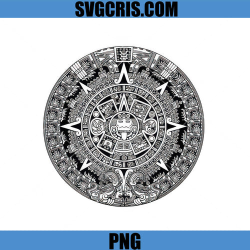 Aztec Calendar Black White Art PNG, Mayan Sun Stone Design PNG