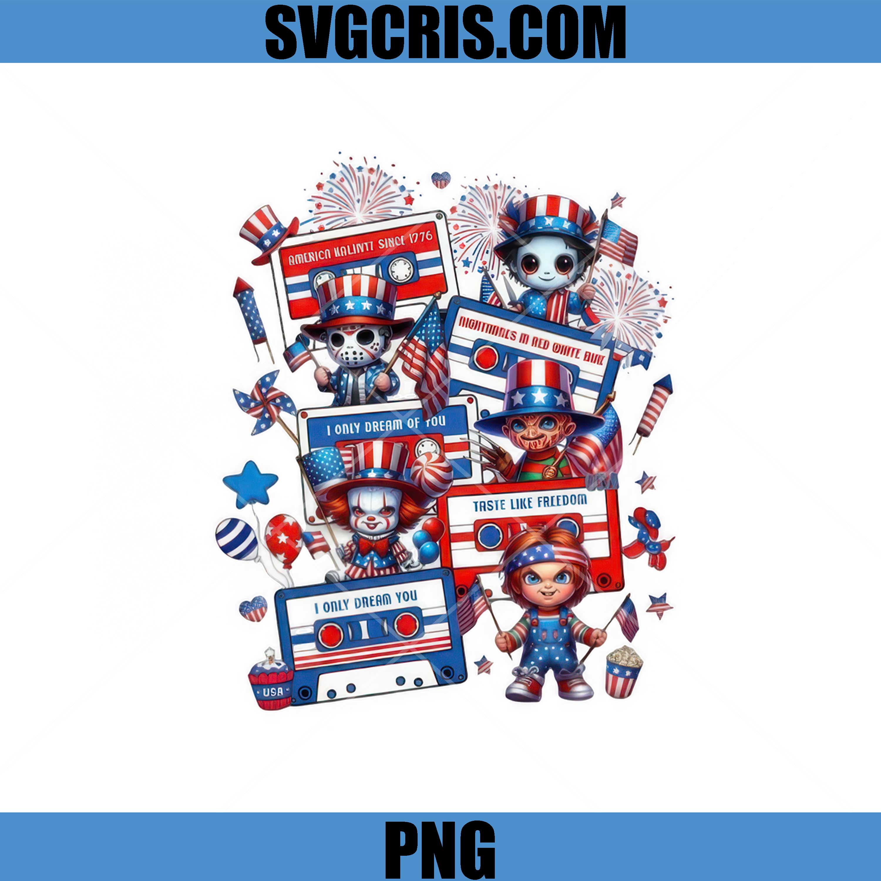 Scary Cartoon Characters Patriotic USA Cassette Design PNG, American Horror PNG